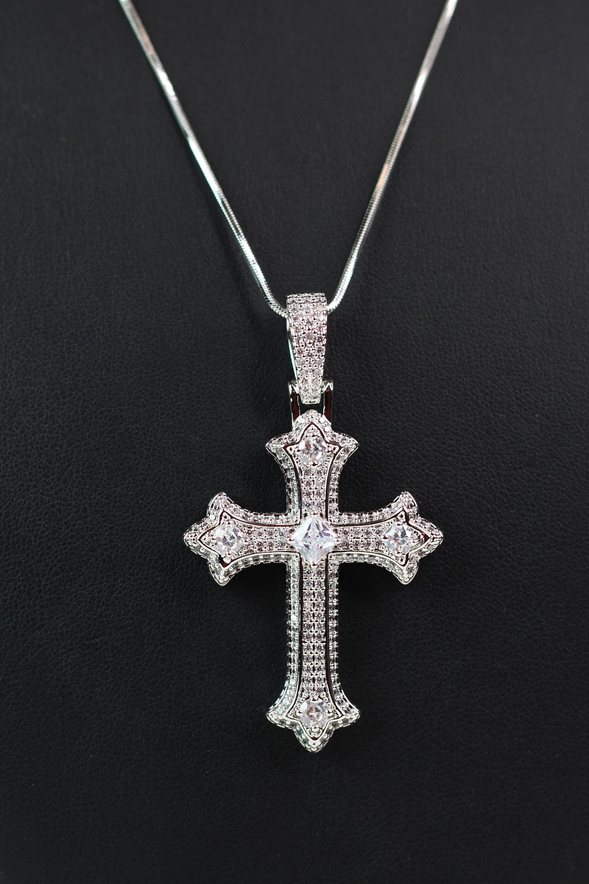 All Pave Pointed Ends Cross Necklace w/ Round Tips & Square Center