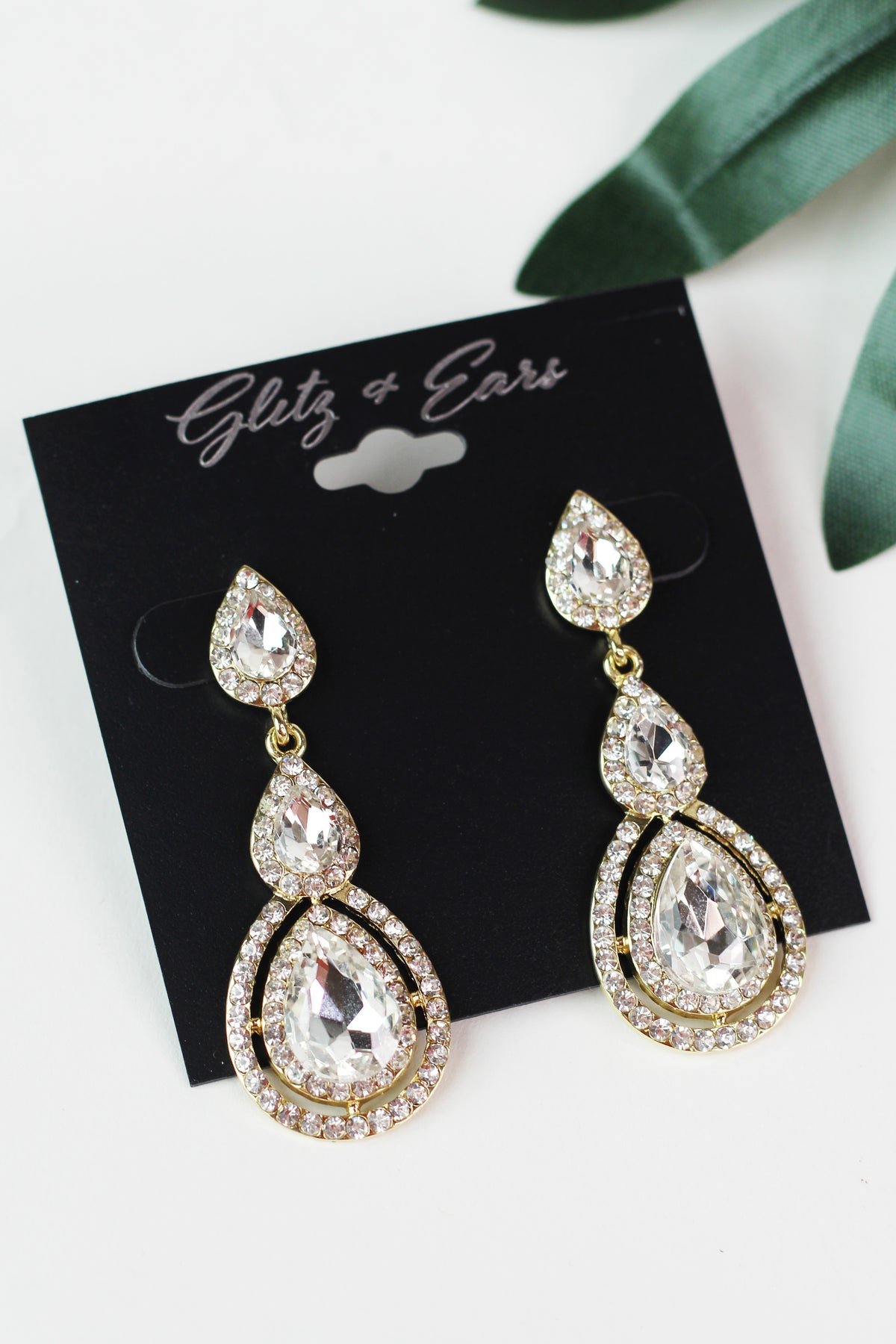 3 Teardrop 2 Rhinestone Trim Bottom Earrings