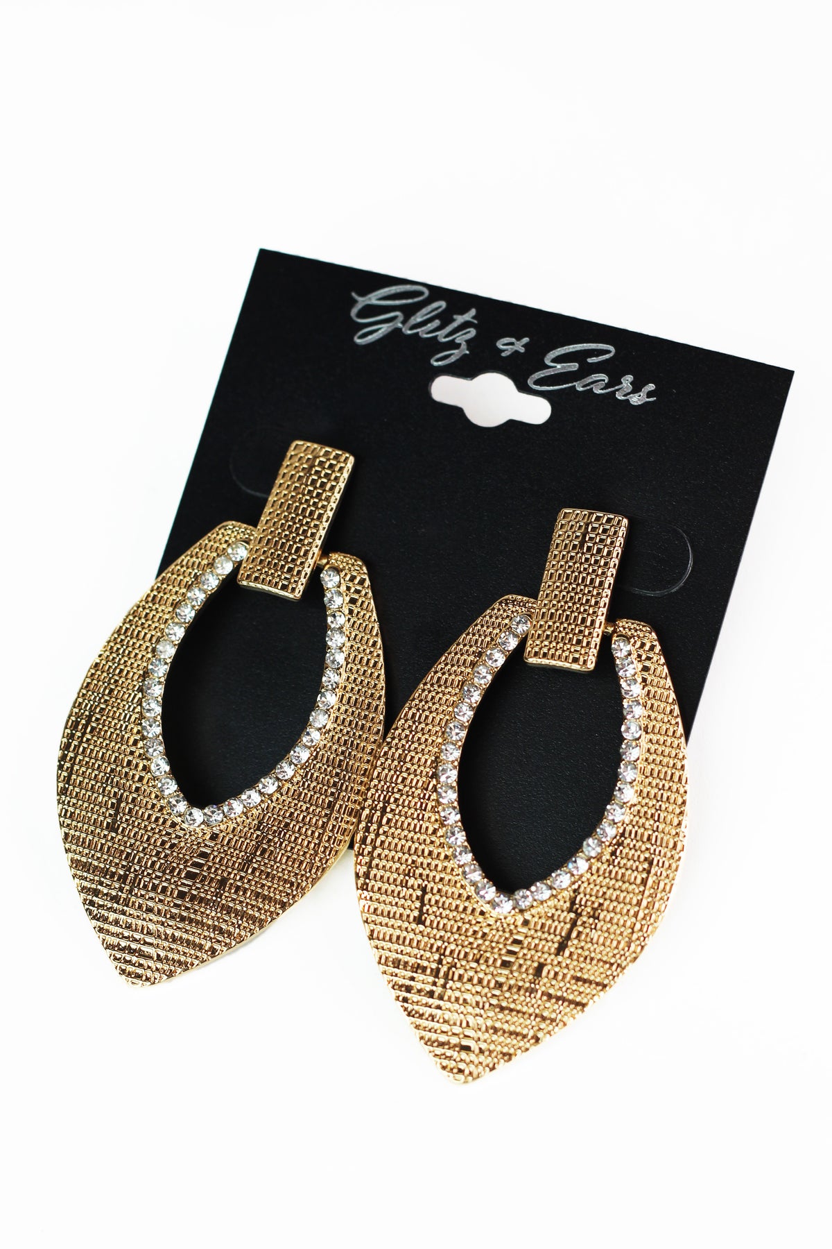 Textured Metal & Rhinestone Open Teardrop Doorknocker Earrings
