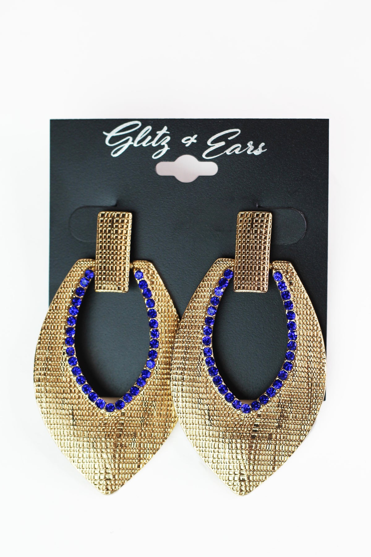 Textured Metal &amp; Rhinestone Open Teardrop Doorknocker Earrings