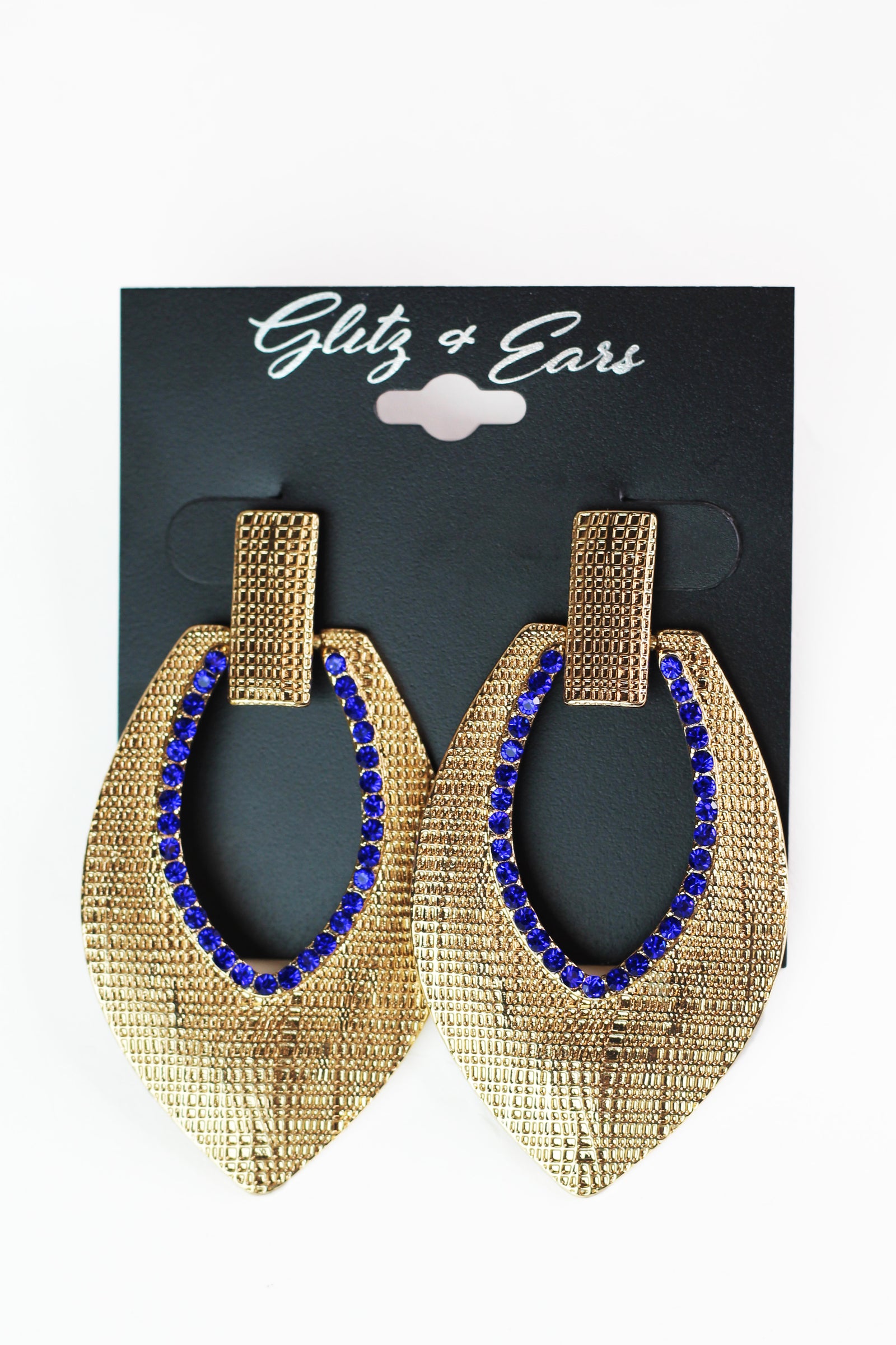 Textured Metal & Rhinestone Open Teardrop Doorknocker Earrings