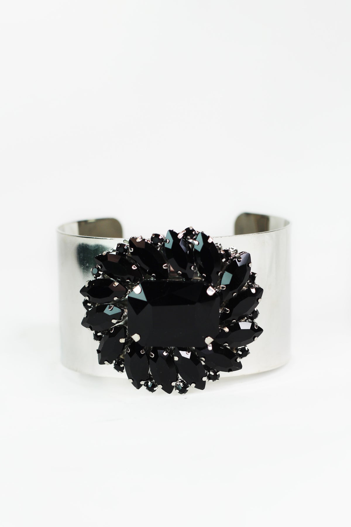 Smooth Metal Cuff w/ Emerald & Marquis Stone Center Cluster