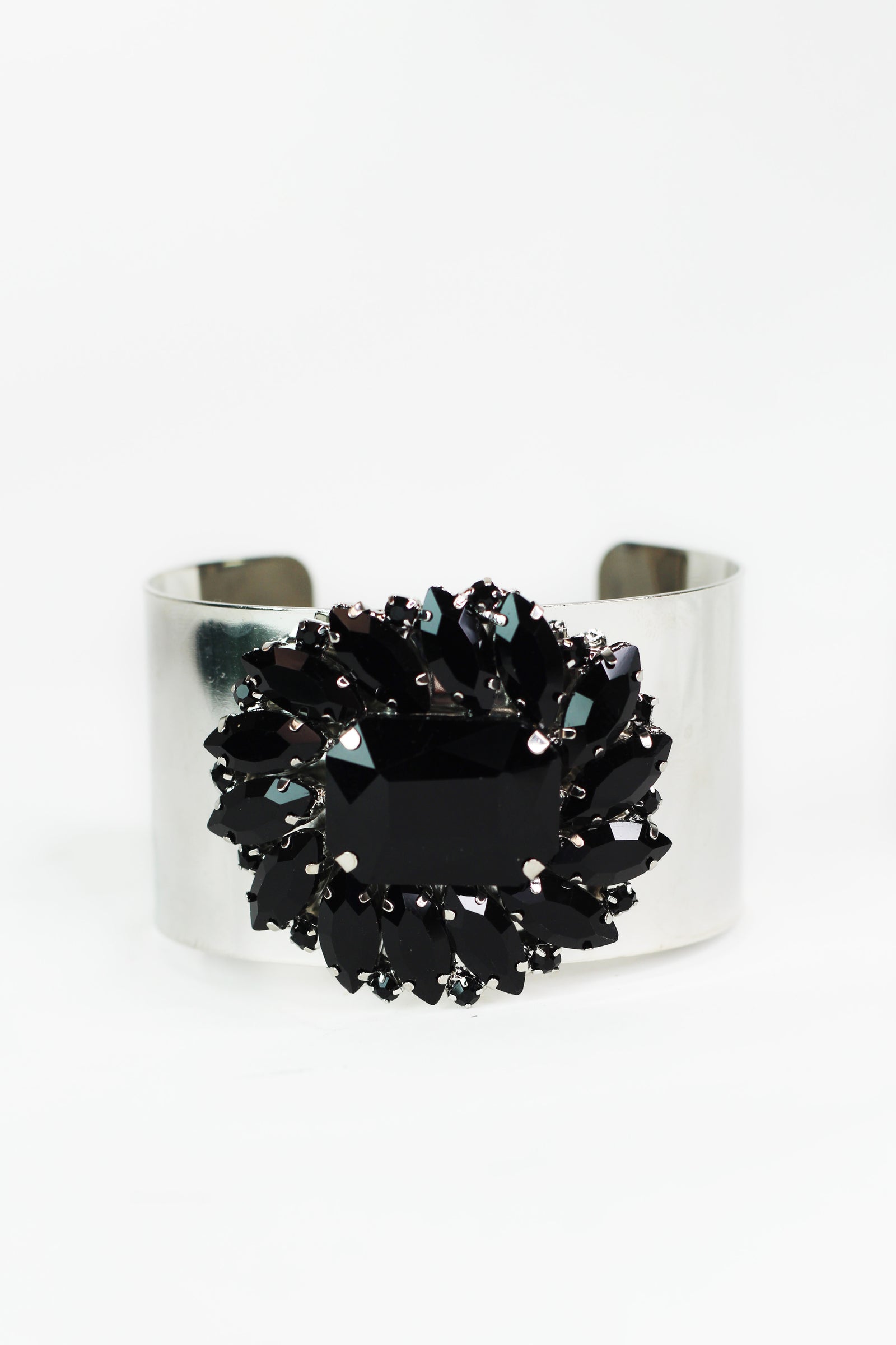 Smooth Metal Cuff w/ Emerald & Marquis Stone Center Cluster