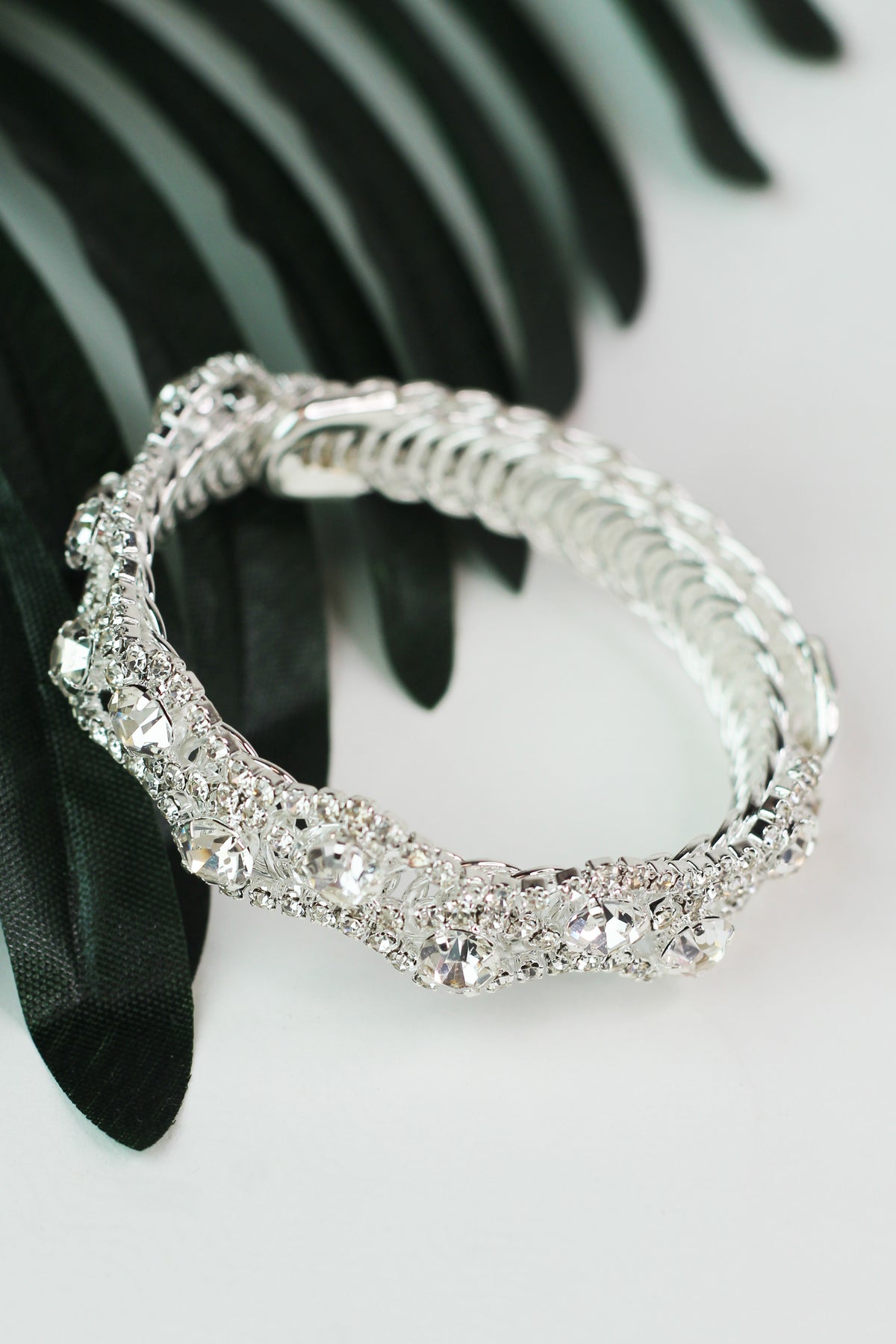 Wavy Lines & Round Rhinestones Coil Cuff Bracelet