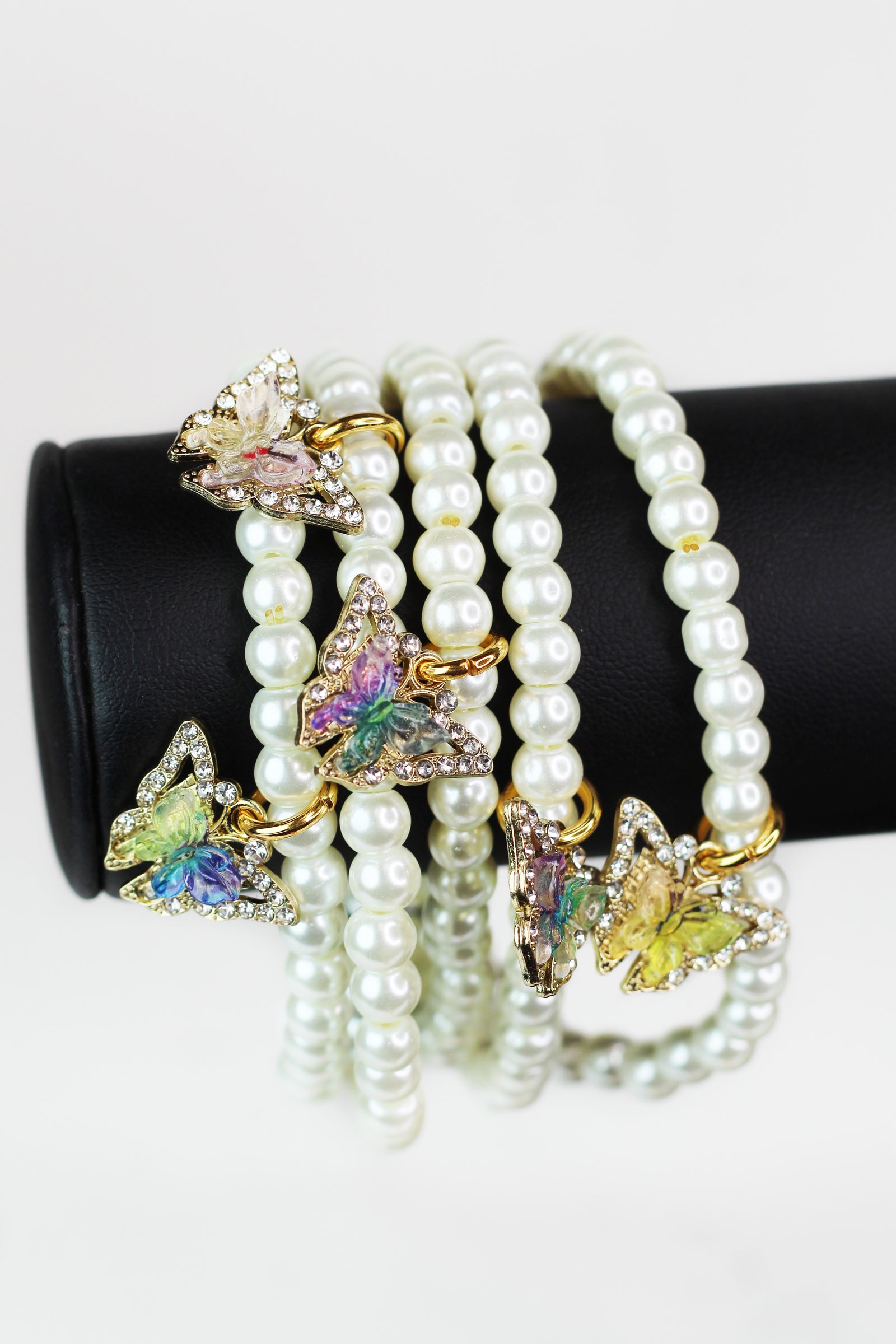 Pave Trimmed Butterfly Pearl Stretch Bracelet Set