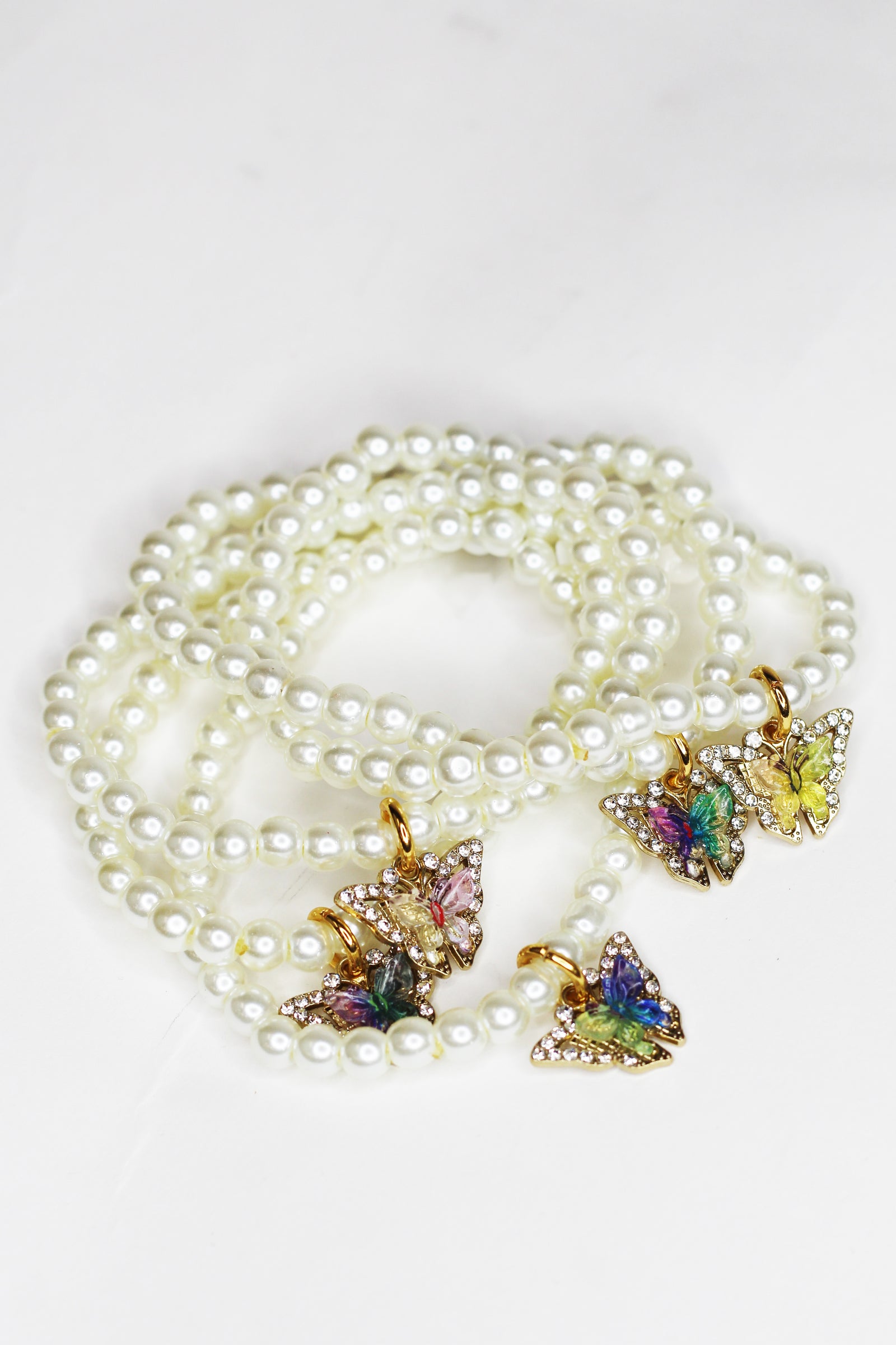 Pave Trimmed Butterfly Pearl Stretch Bracelet Set