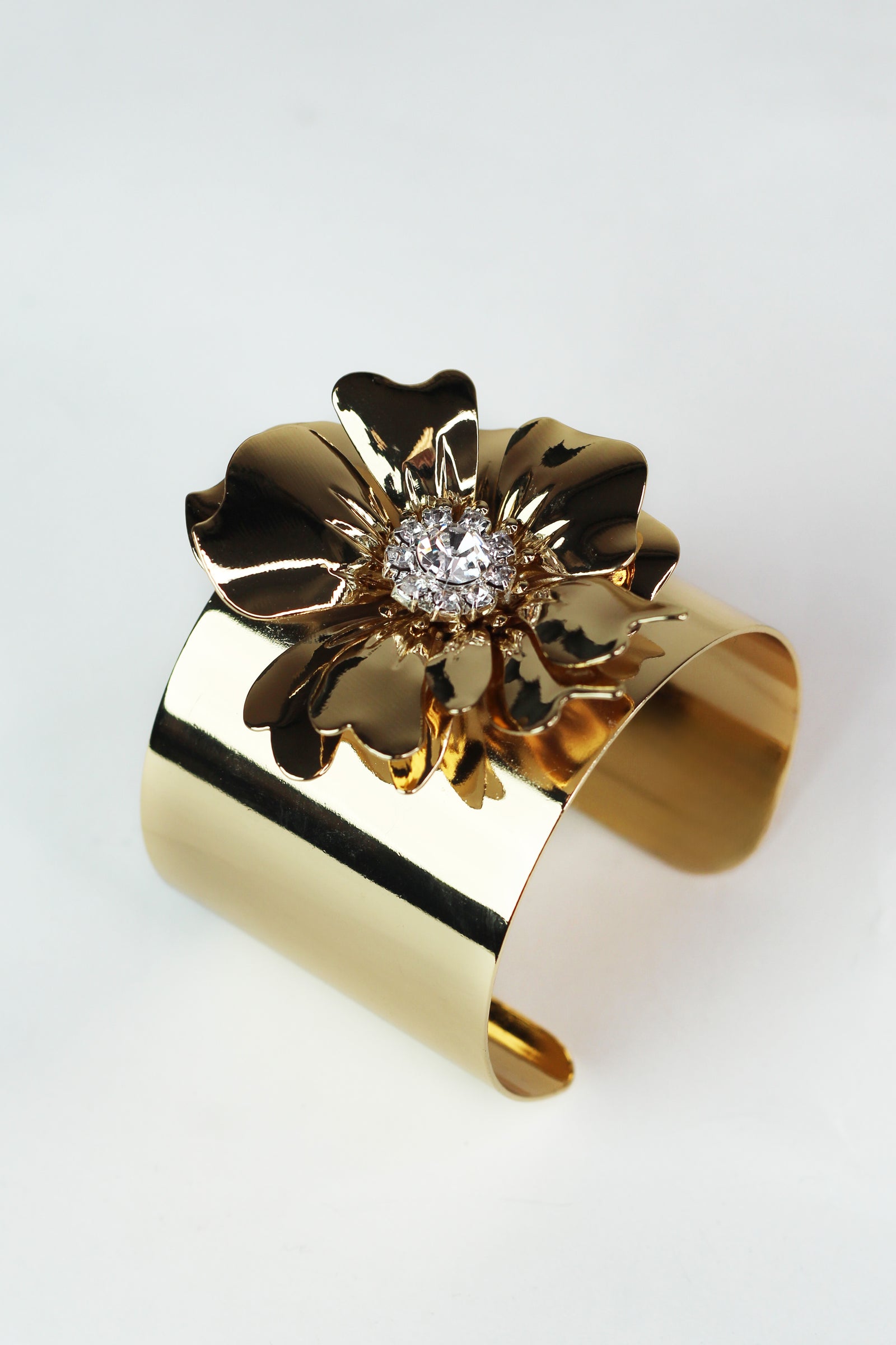 Metal & Rhinestone Flower Wide Cuff Bracelet