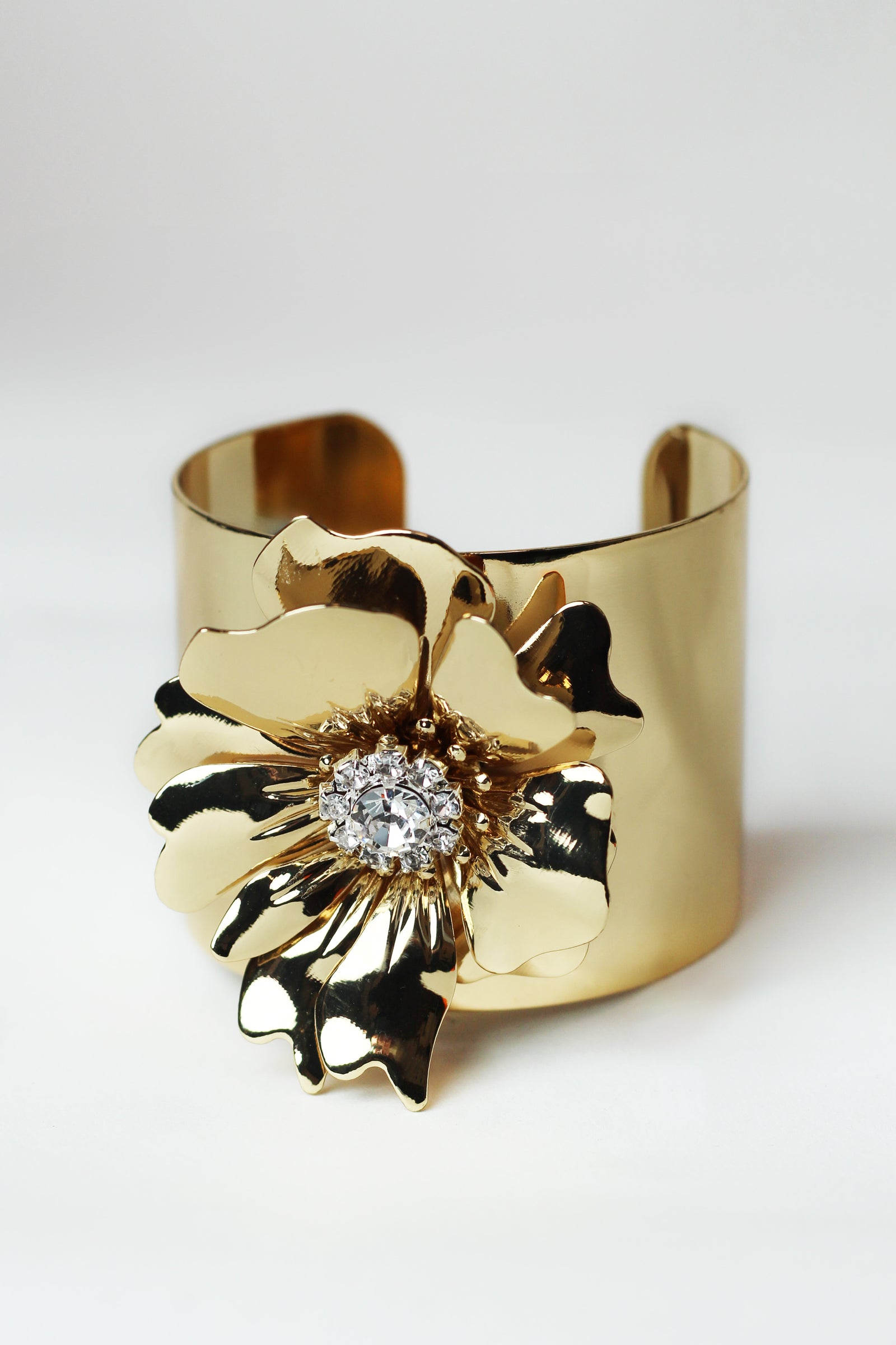 Metal & Rhinestone Flower Wide Cuff Bracelet