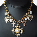 Pearl & Pave Accented Crosses & Hearts Charm Necklace