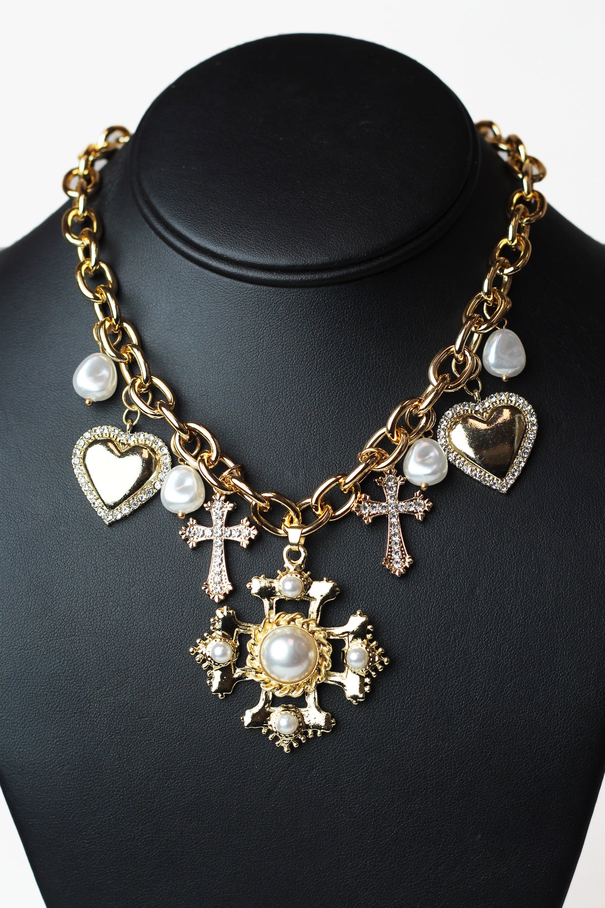 Pearl &amp; Pave Accented Crosses &amp; Hearts Charm Necklace