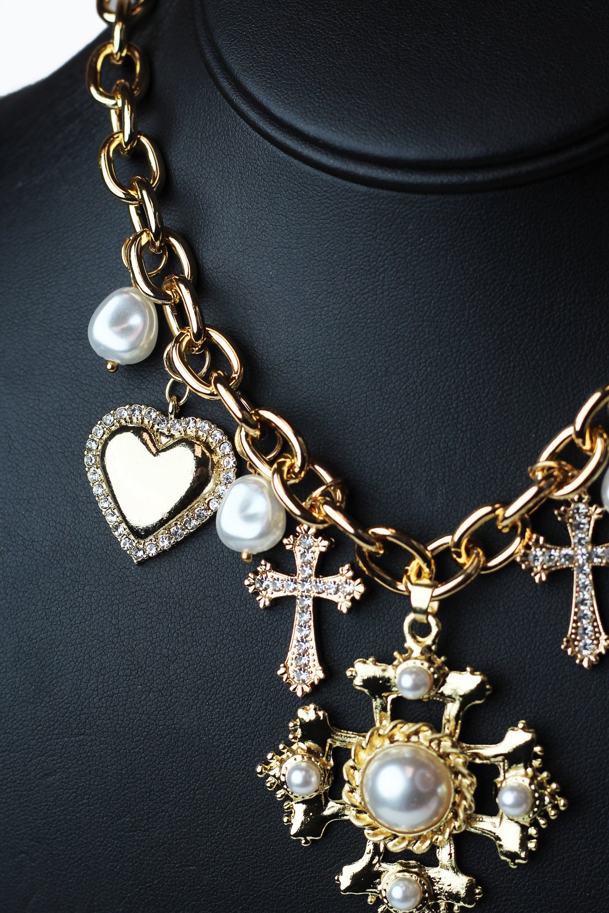 Pearl & Pave Accented Crosses & Hearts Charm Necklace