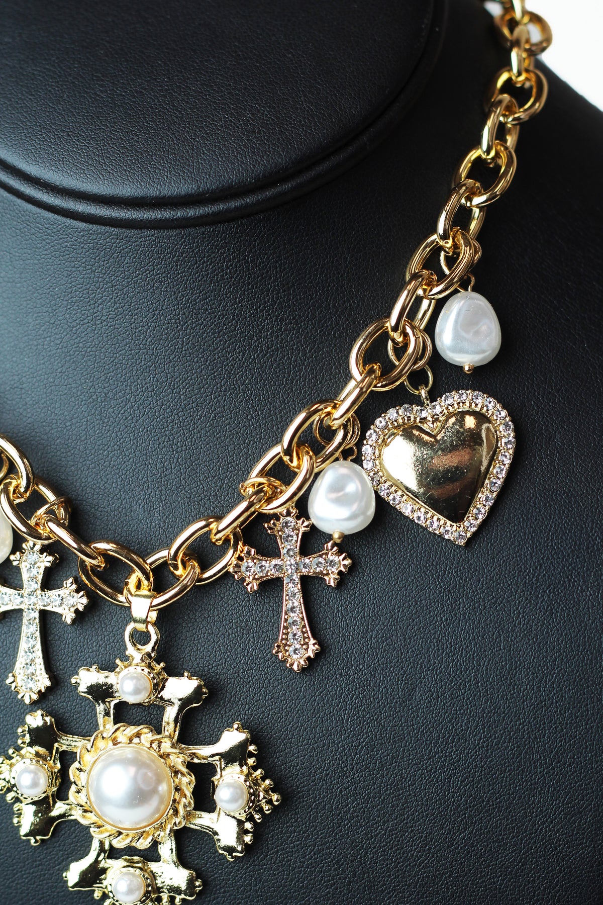 Pearl & Pave Accented Crosses & Hearts Charm Necklace