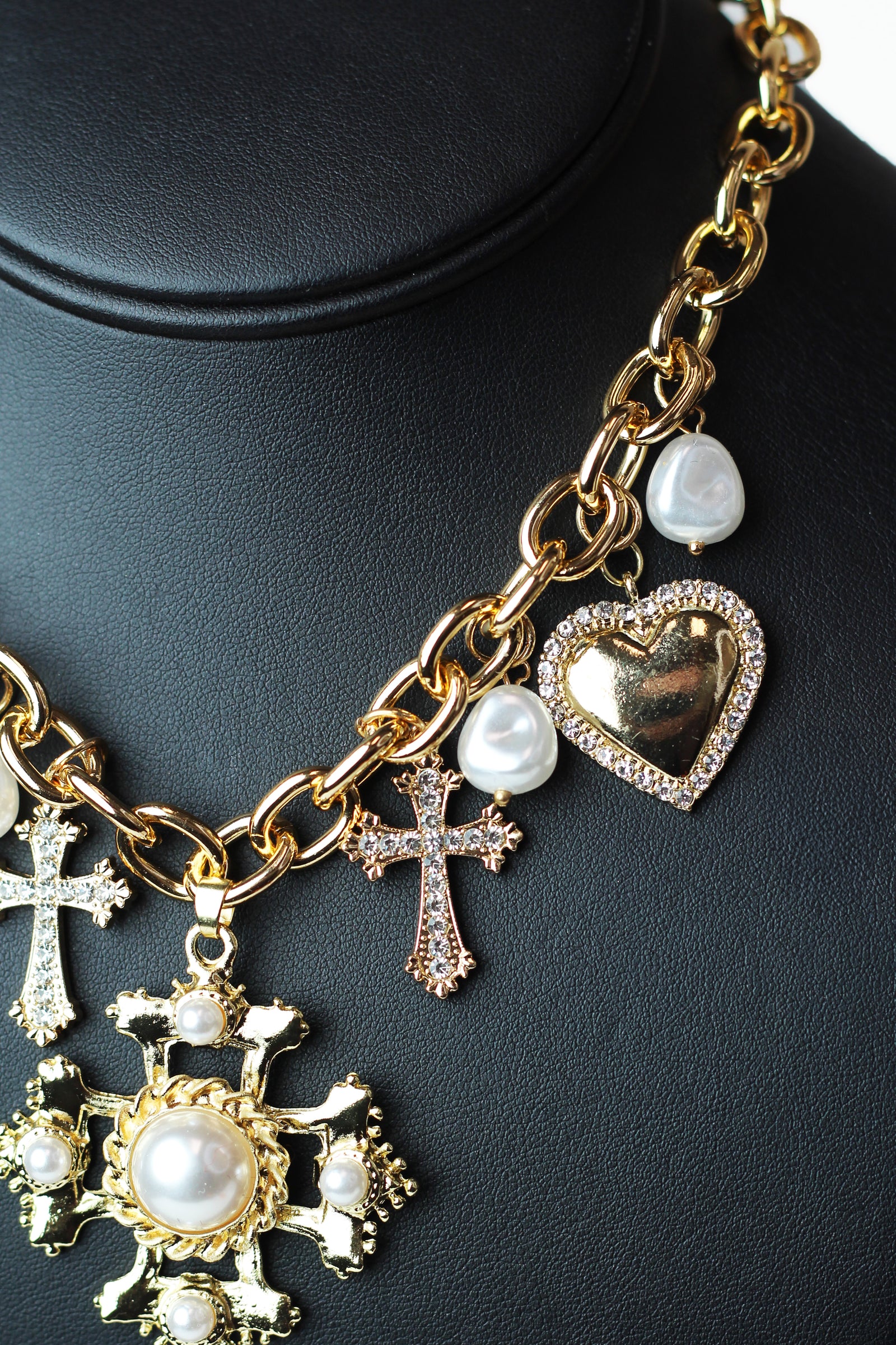 Pearl & Pave Accented Crosses & Hearts Charm Necklace