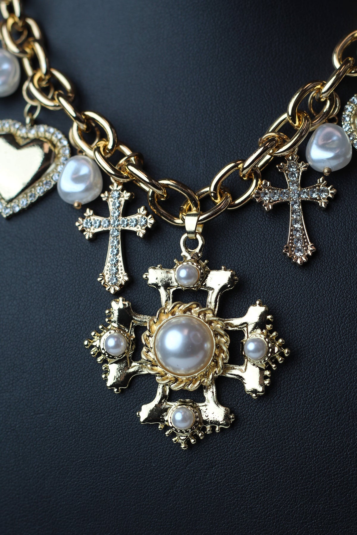 Pearl & Pave Accented Crosses & Hearts Charm Necklace