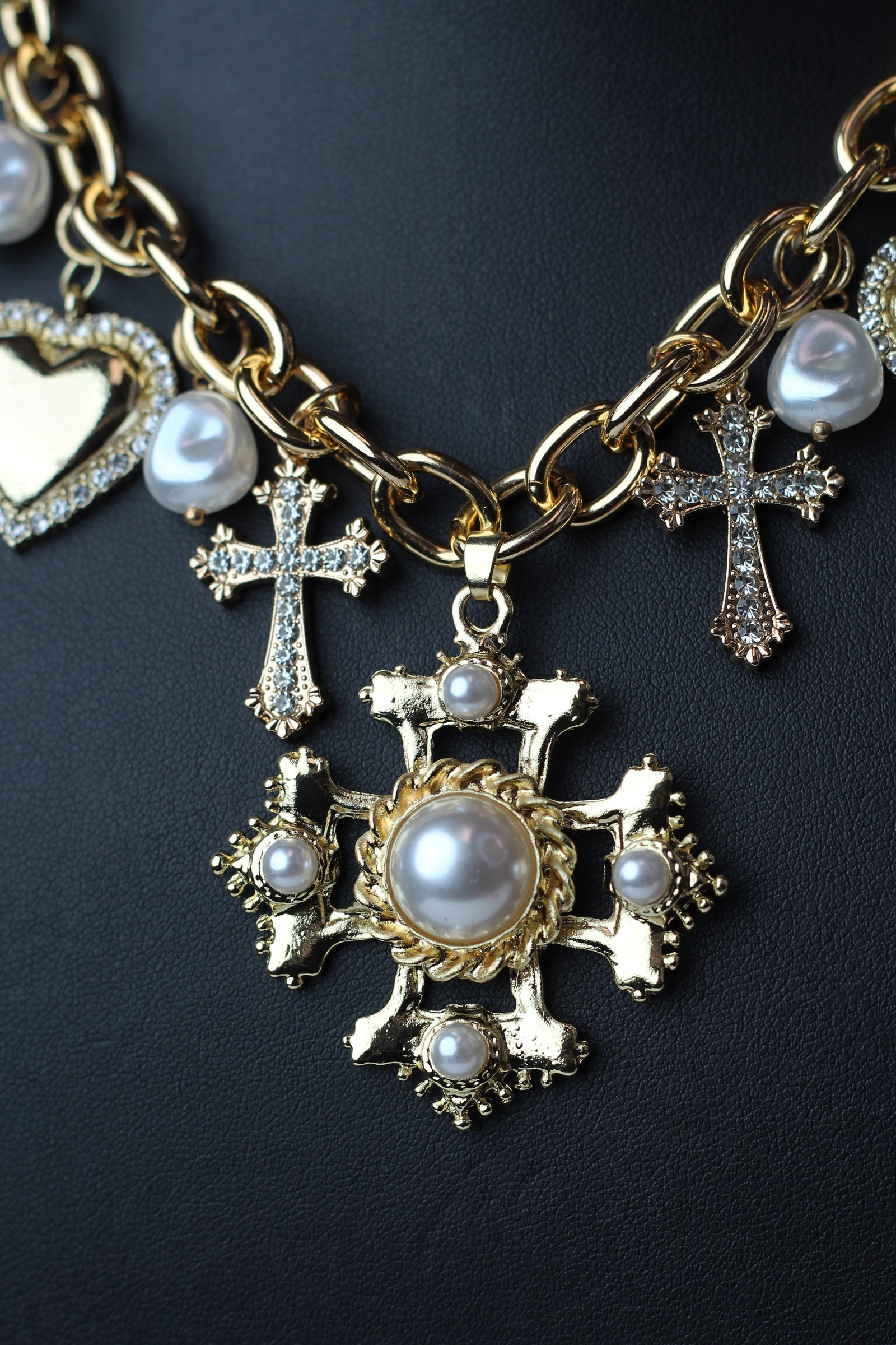 Pearl & Pave Accented Crosses & Hearts Charm Necklace