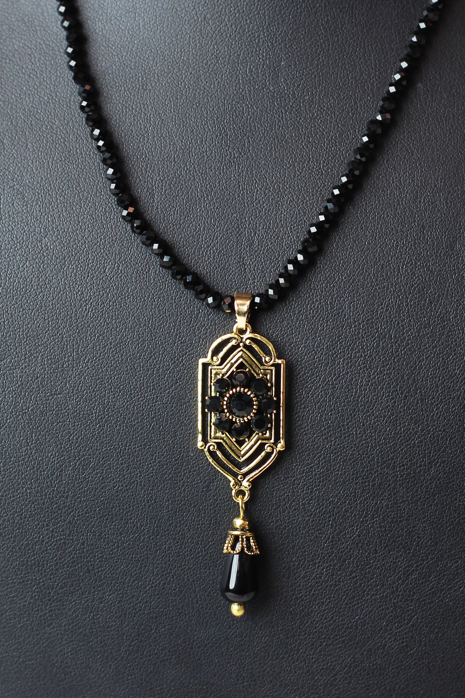 Beaded Necklace w/ Metal Flower & Dangling Bead Pendant
