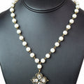 Pearl Chain Necklace w/ Rhinestone Teardrop Flower Pendant