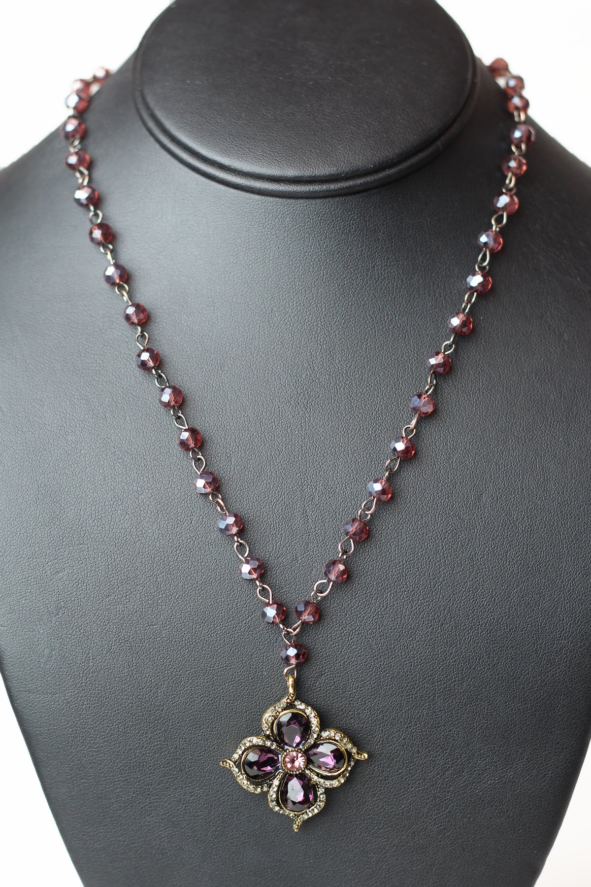 Bead Chain Necklace w/ Rhinestone Teardrop Flower Pendant