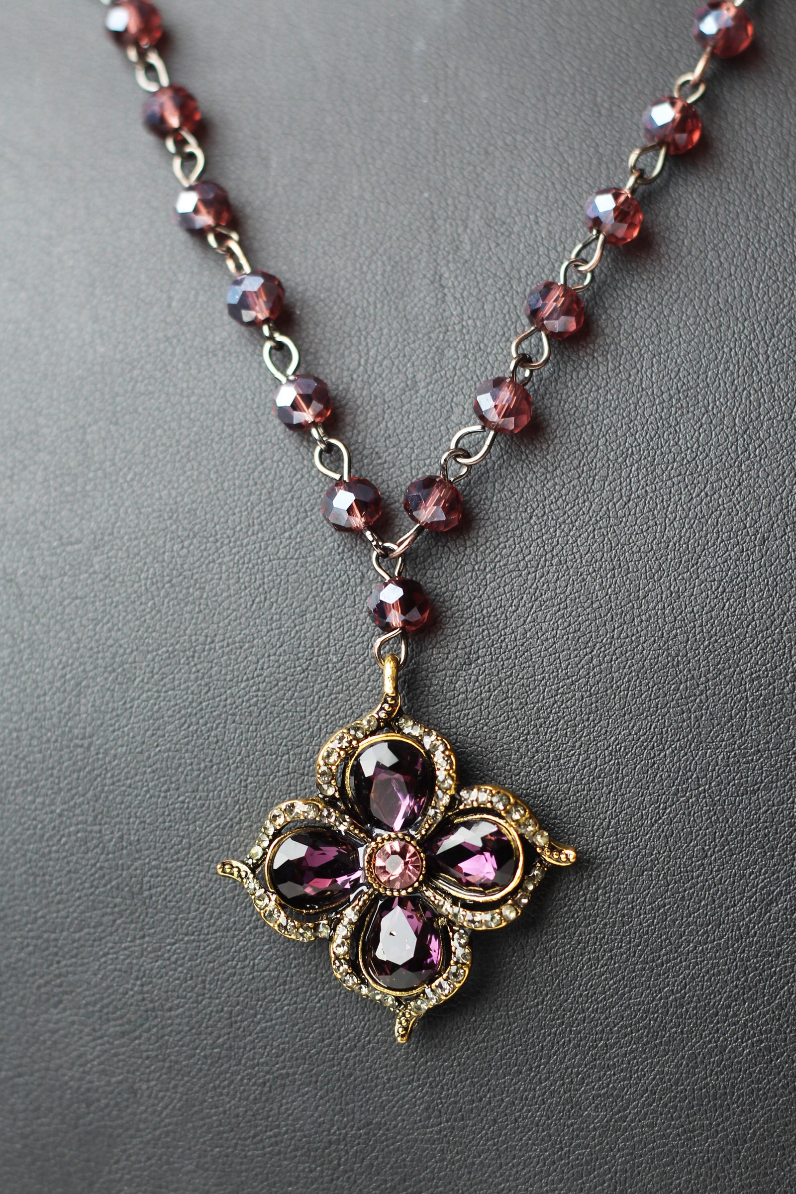Bead Chain Necklace w/ Rhinestone Teardrop Flower Pendant