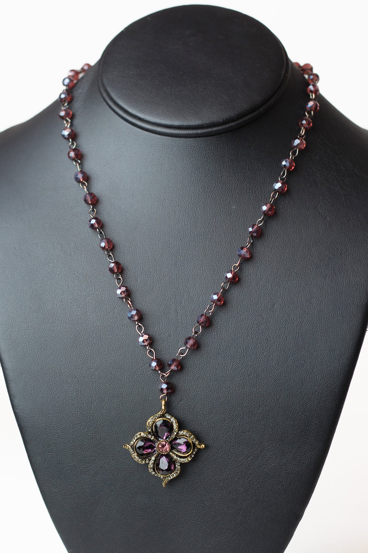 Bead Chain Necklace w/ Rhinestone Teardrop Flower Pendant