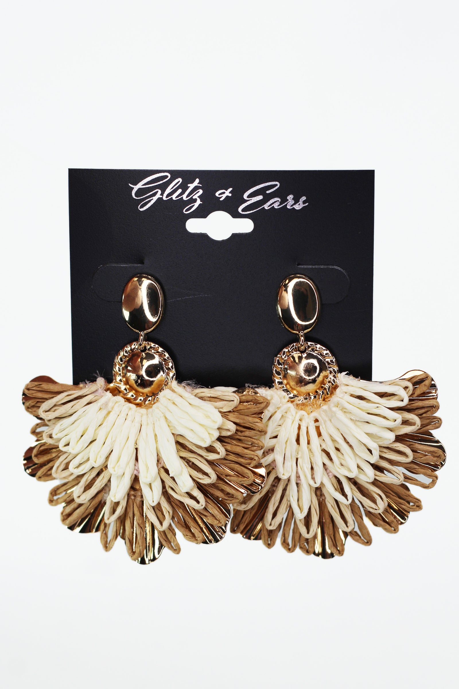 Metal Oval & Dangling Raffia Fan Earrings