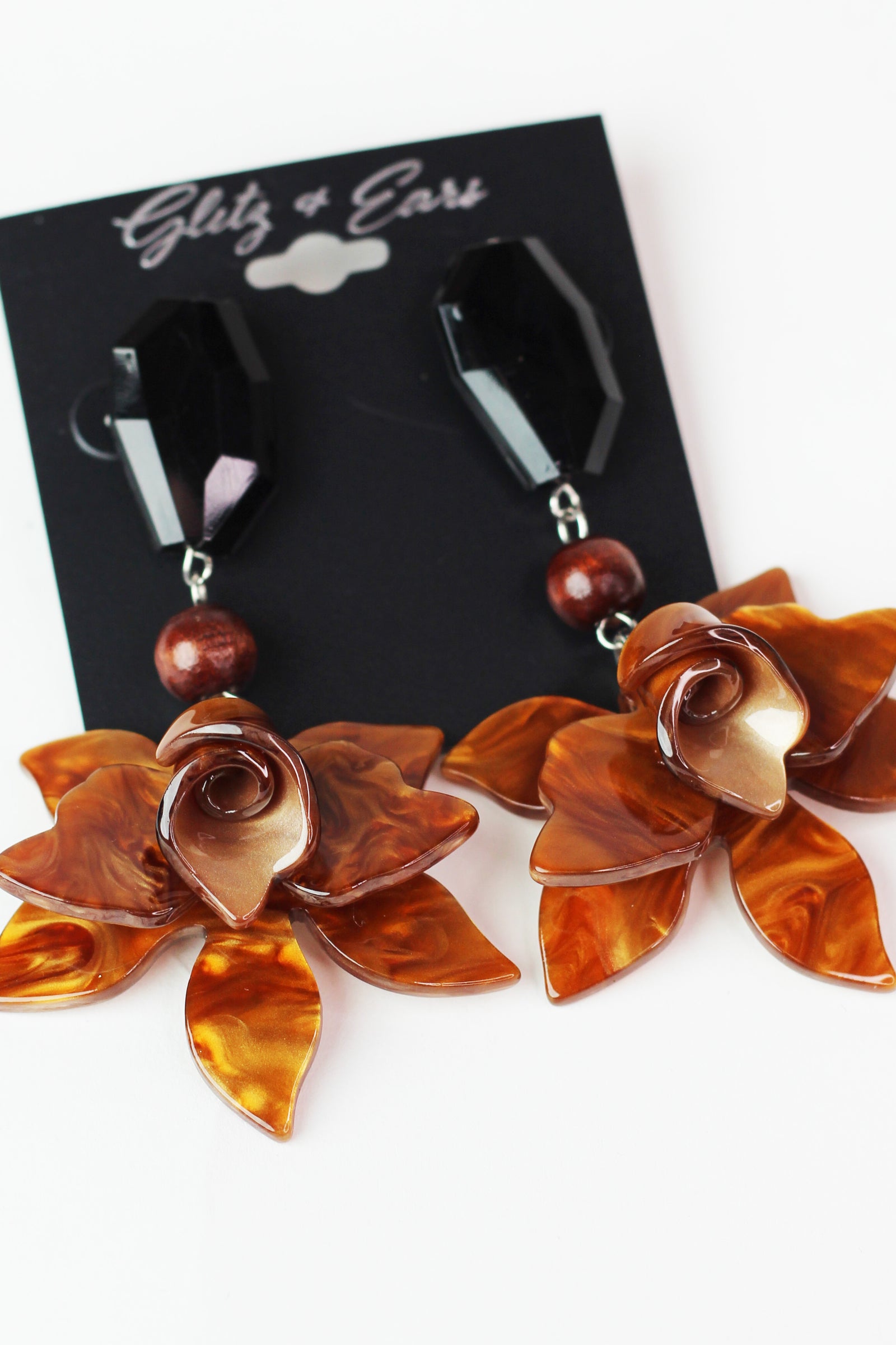 Dangling Stone Wood & Epoxy Flower Earrings