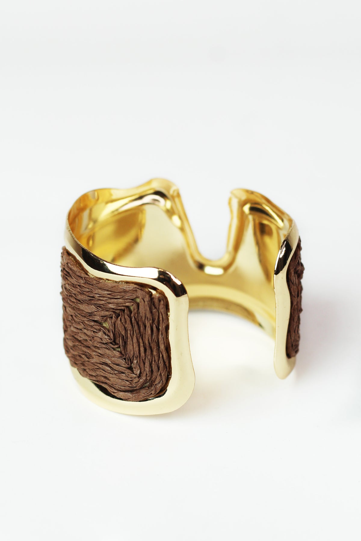 Wide Wavy Metal & Raffia Cuff Bracelet