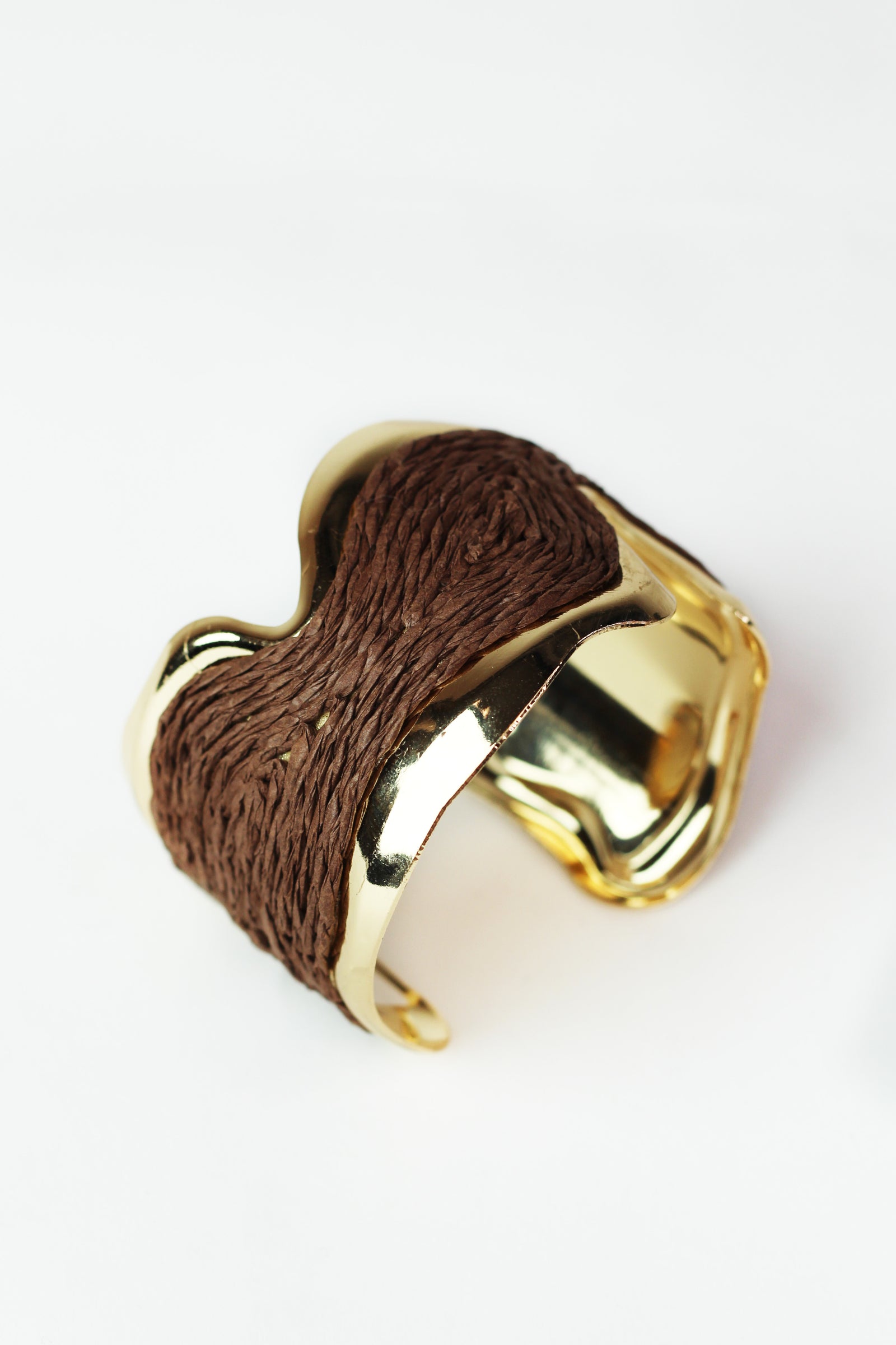 Wide Wavy Metal & Raffia Cuff Bracelet