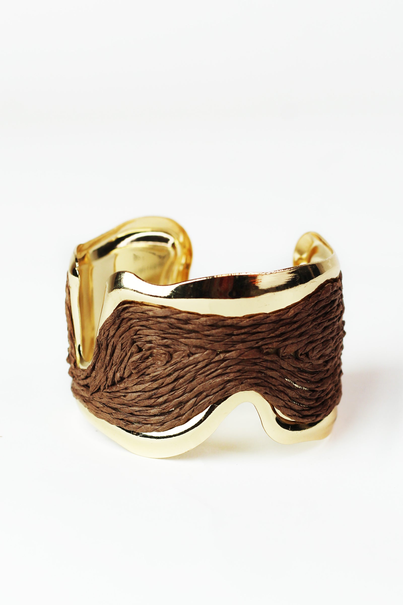 Wide Wavy Metal & Raffia Cuff Bracelet