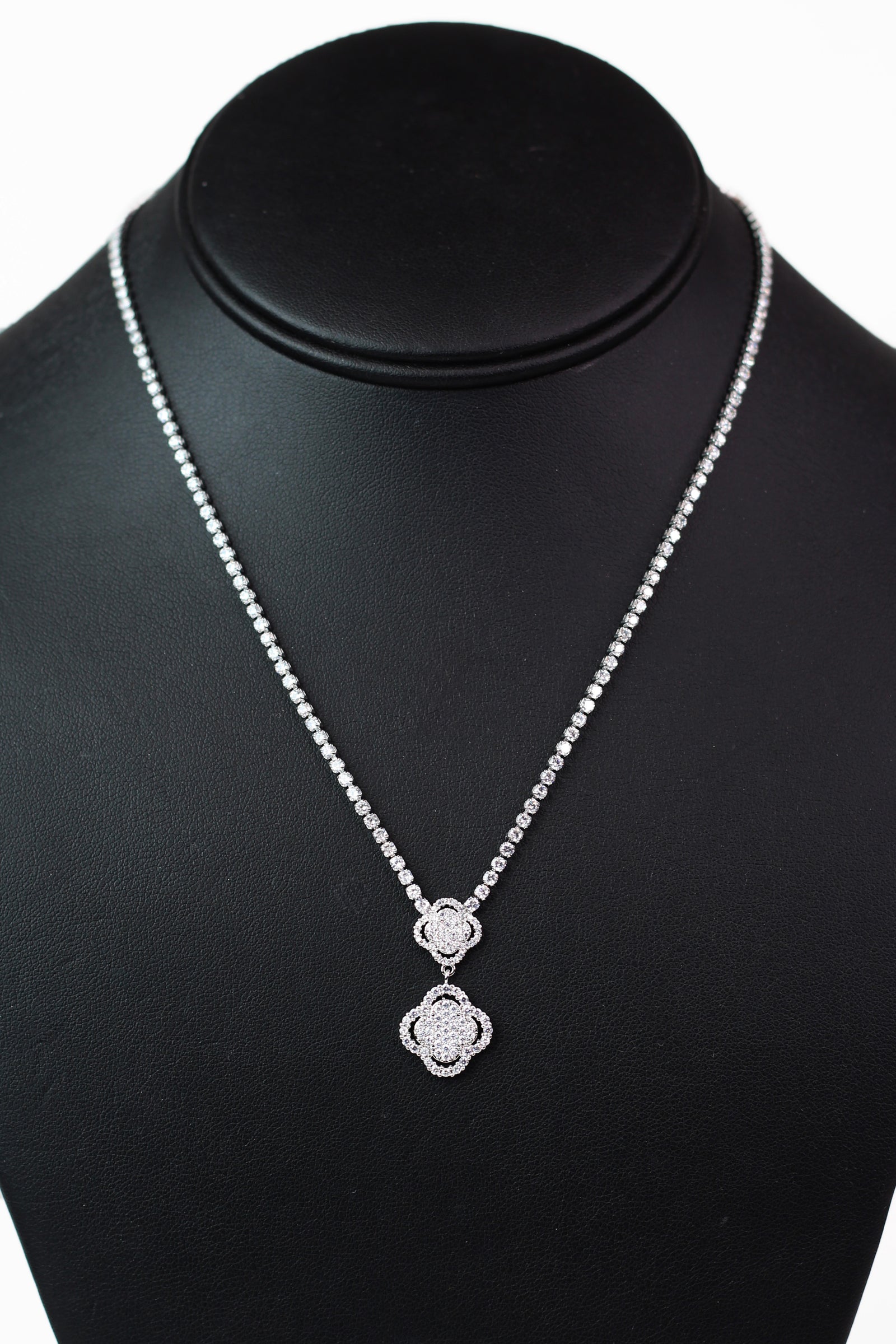 Rhinestone Tennis Necklace w/ 2 Pave Clover Charms