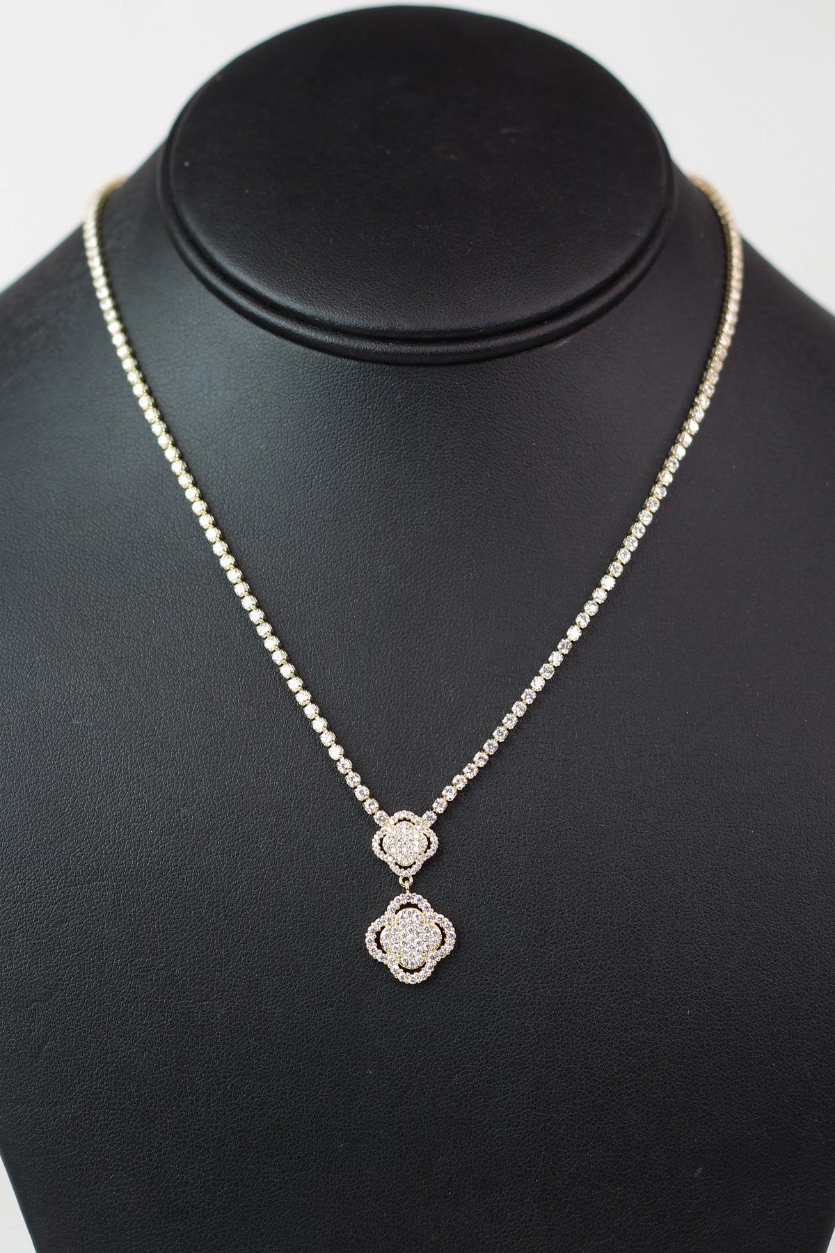 Rhinestone Tennis Necklace w/ 2 Pave Clover Charms