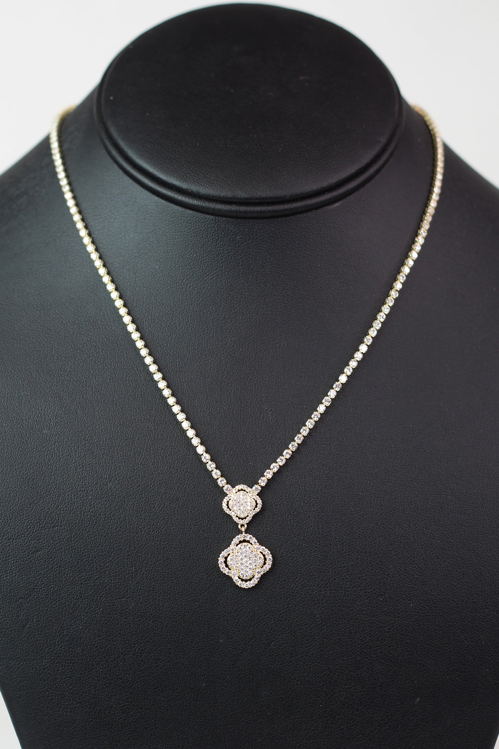 Rhinestone Tennis Necklace w/ 2 Pave Clover Charms