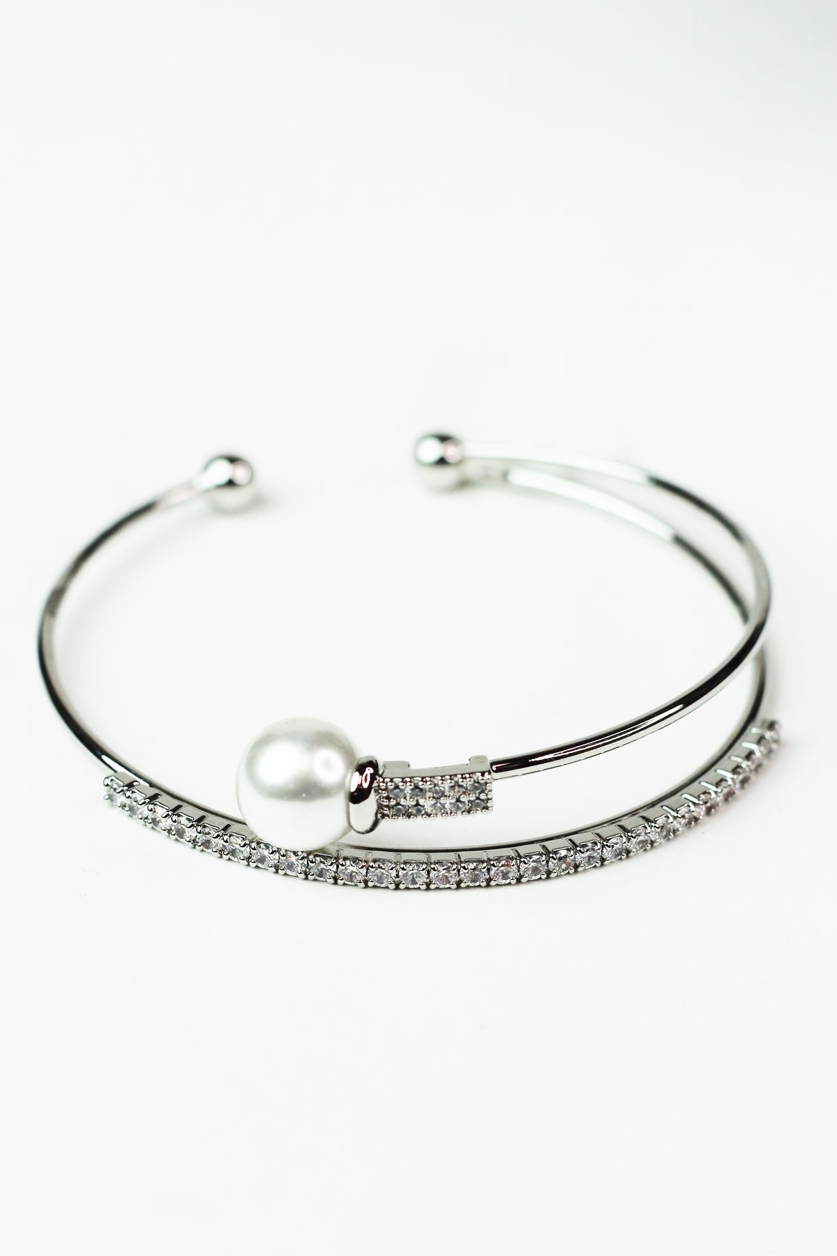 Metal Wire Rhinestone &amp; Pearl Bangle