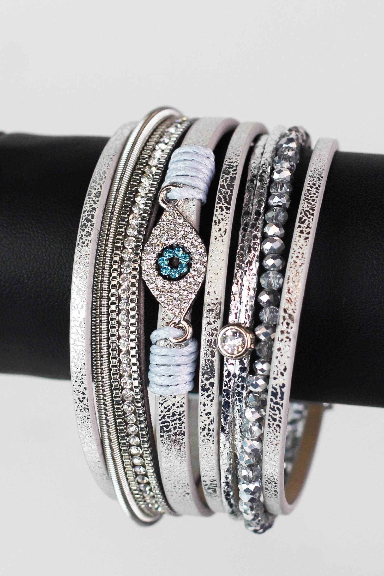 Wide Stones Beads & Strips & Pave Evil Eye Magnetic Bracelet