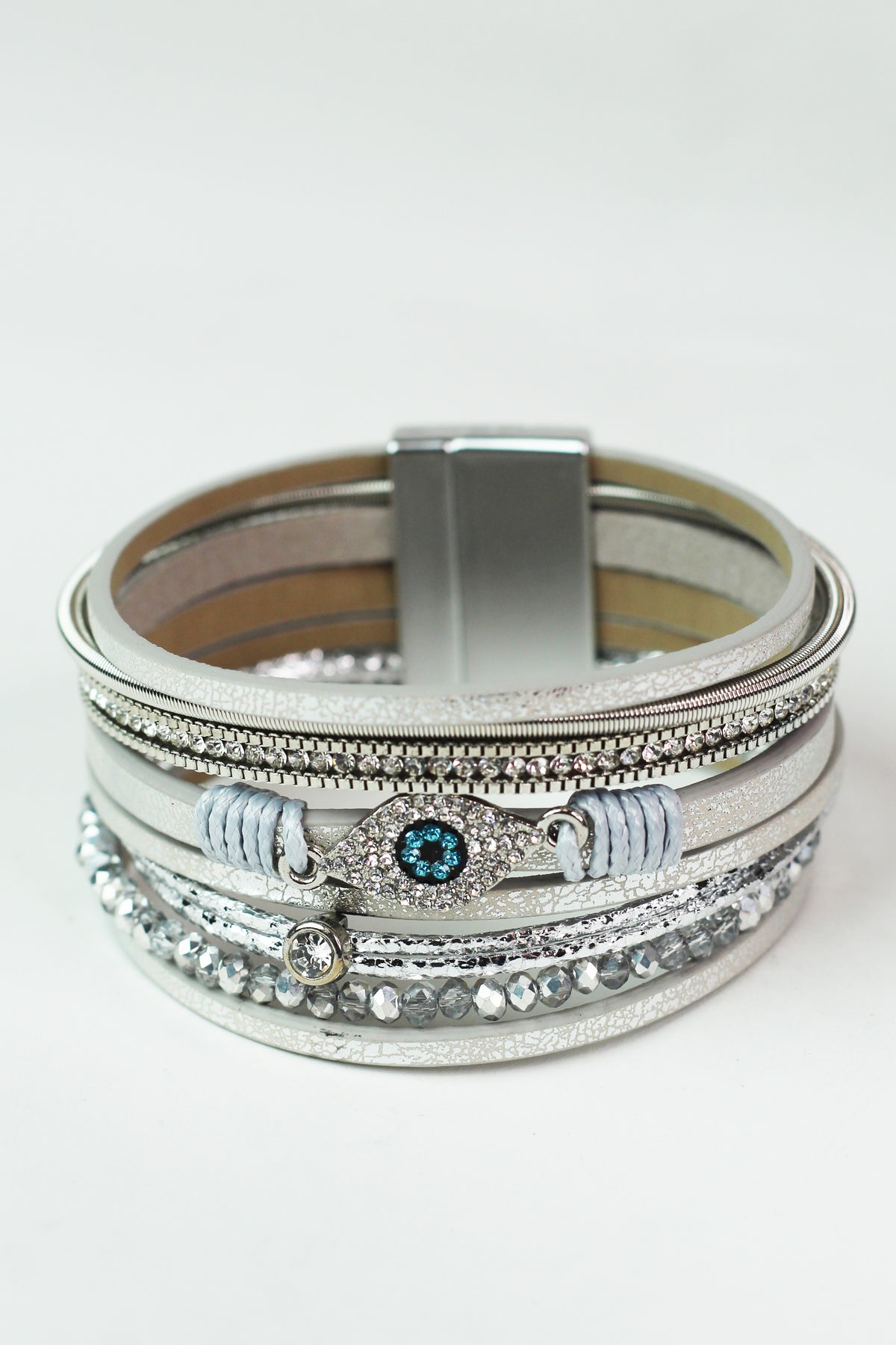 Wide Stones Beads & Strips & Pave Evil Eye Magnetic Bracelet