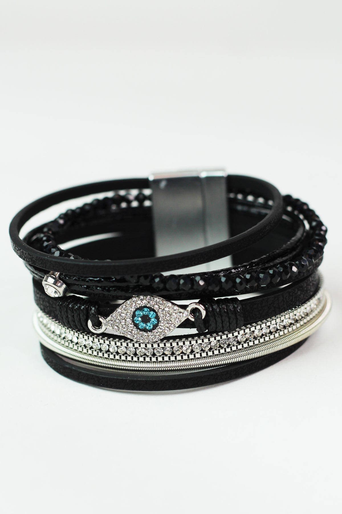 Wide Stones Beads & Strips & Pave Evil Eye Magnetic Bracelet