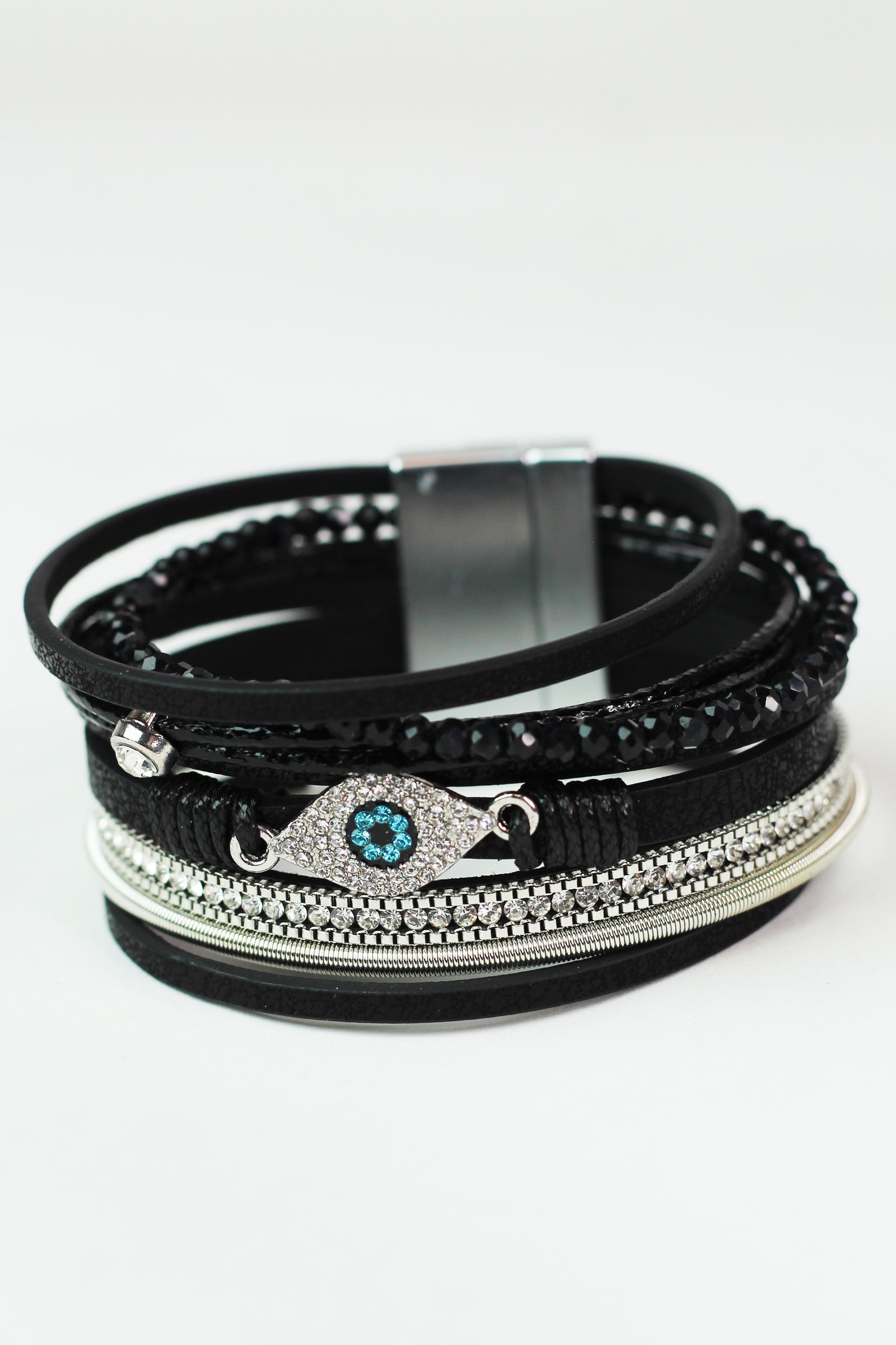 Wide Stones Beads & Strips & Pave Evil Eye Magnetic Bracelet