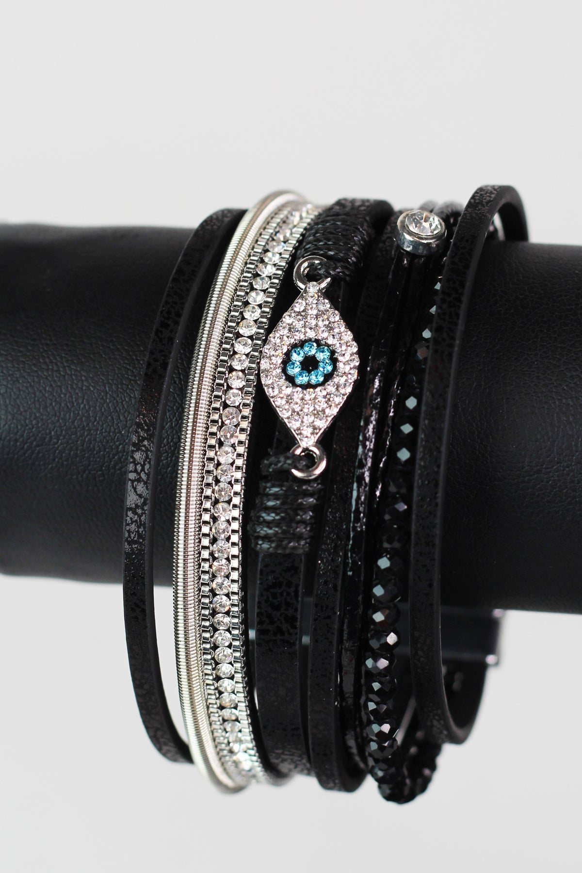 Wide Stones Beads & Strips & Pave Evil Eye Magnetic Bracelet
