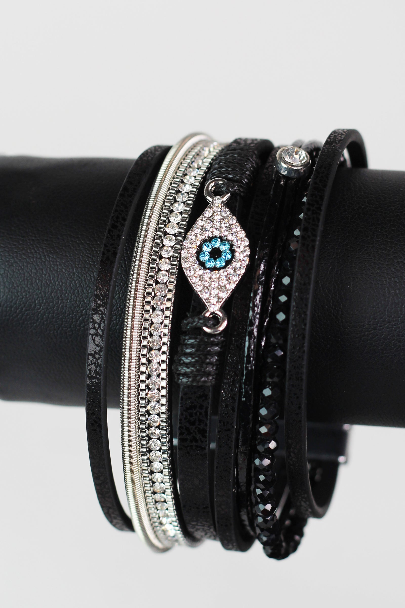 Wide Stones Beads & Strips & Pave Evil Eye Magnetic Bracelet