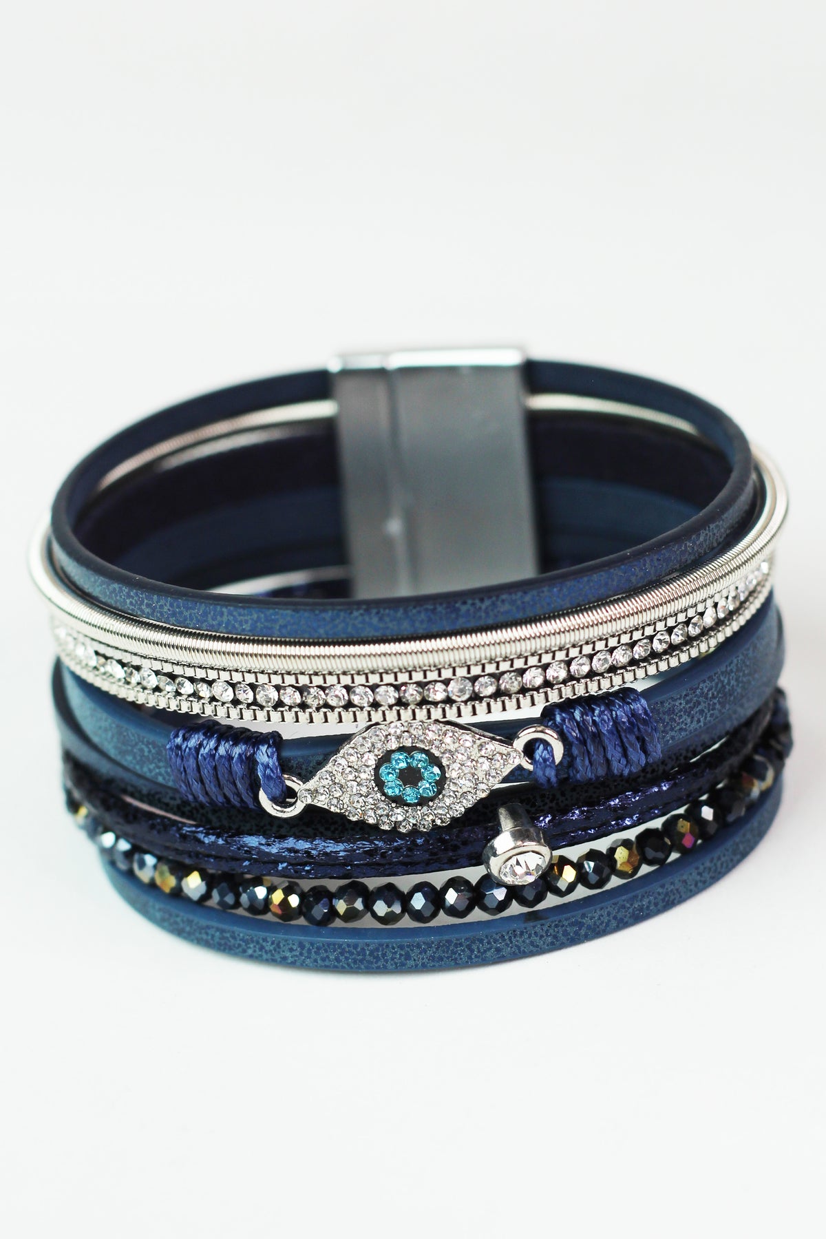 Wide Stones Beads & Strips & Pave Evil Eye Magnetic Bracelet