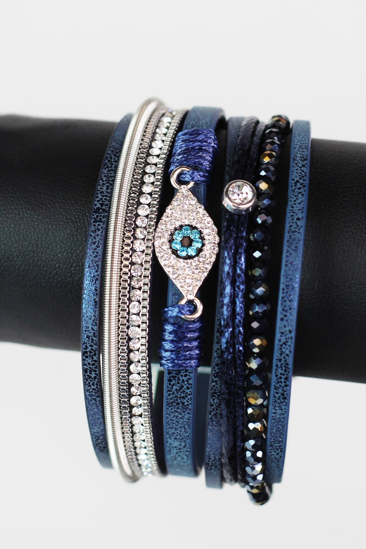 Wide Stones Beads & Strips & Pave Evil Eye Magnetic Bracelet