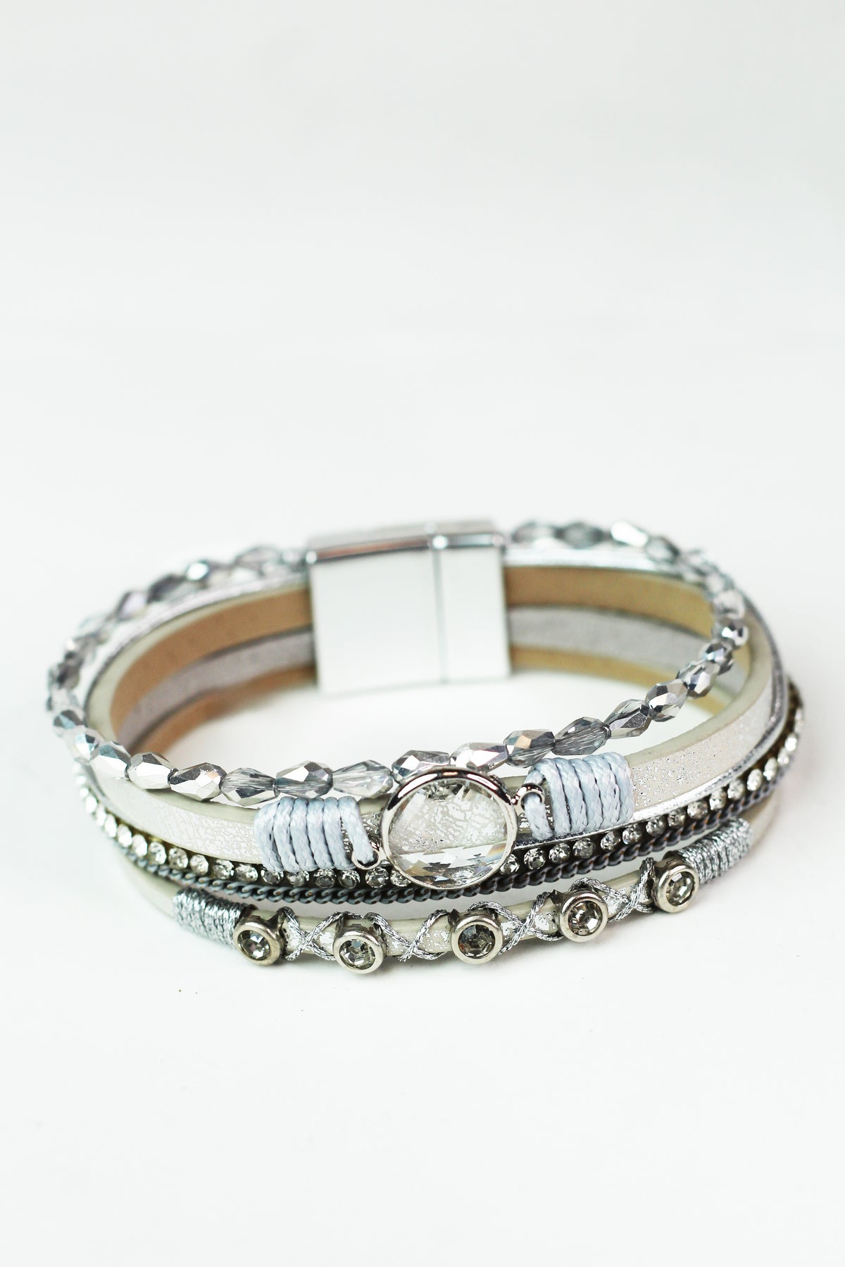Thin Barrel Beads Stones Strips & Round Center Magnetic Bracelet