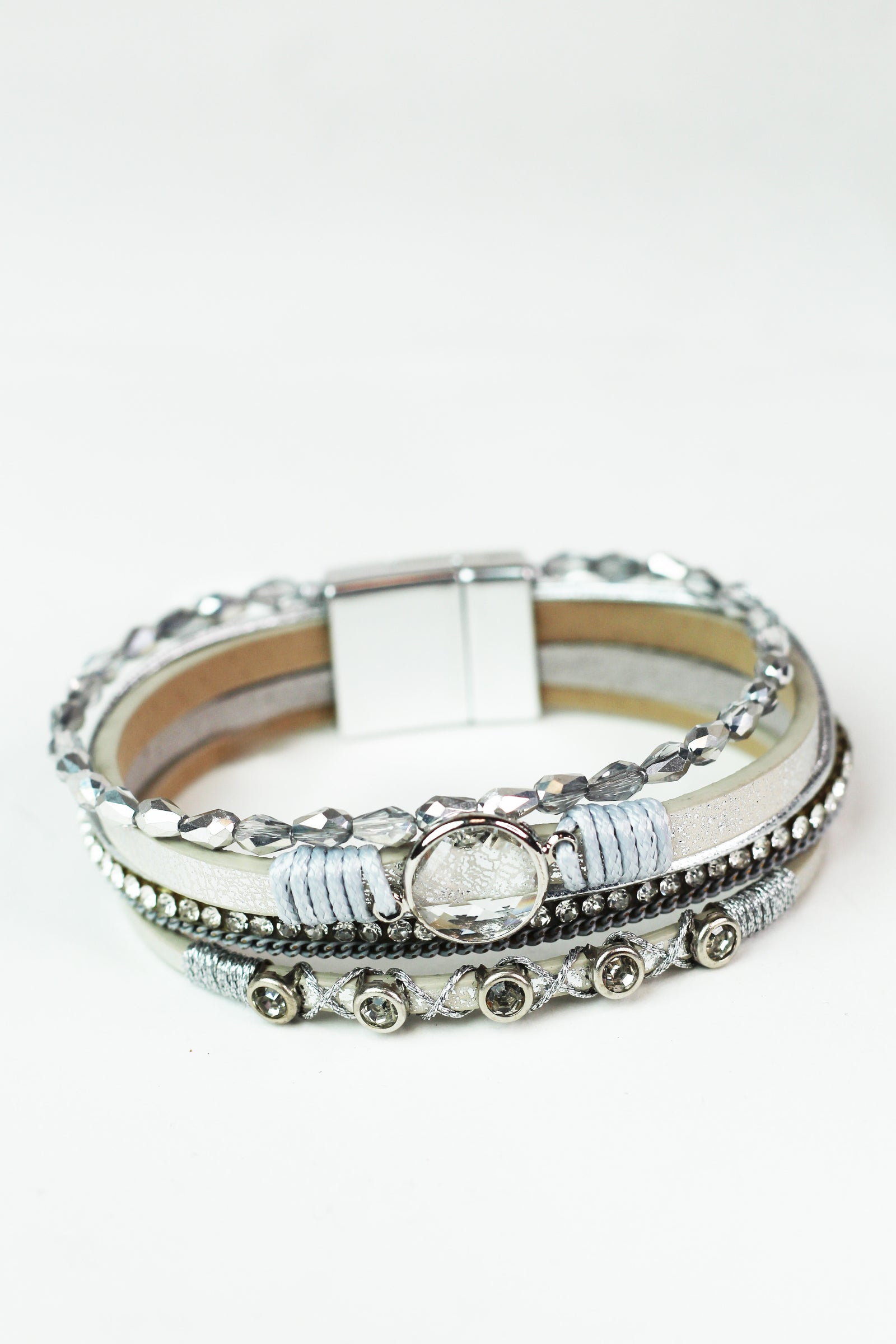 Thin Barrel Beads Stones Strips & Round Center Magnetic Bracelet