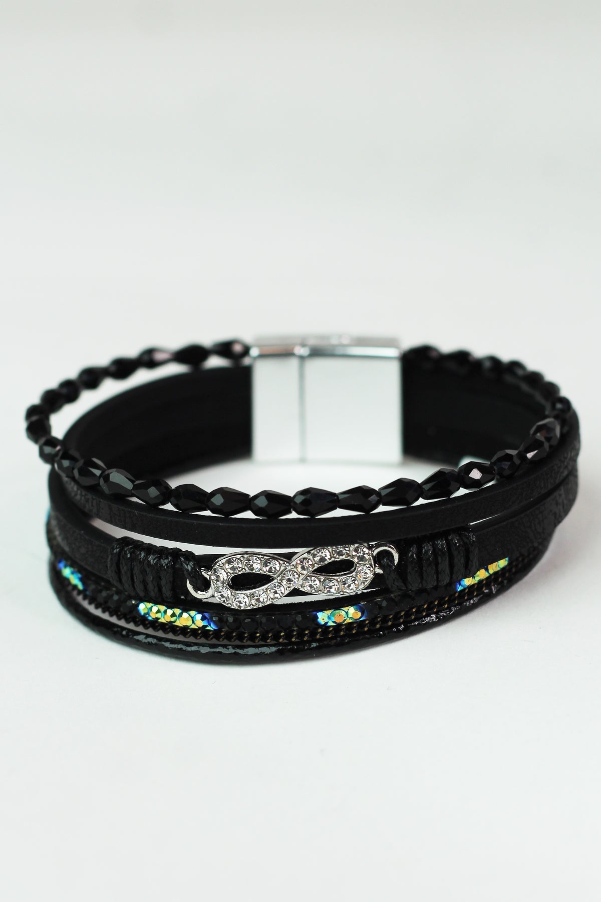 Thin Barrel Beads Stones Strips &amp; Pave Infinity Magnetic Bracelet