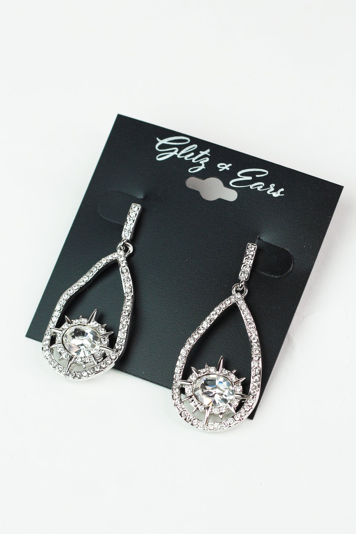 Rhinestone Open Teardrop &amp; Inner Oval Burst Earrings