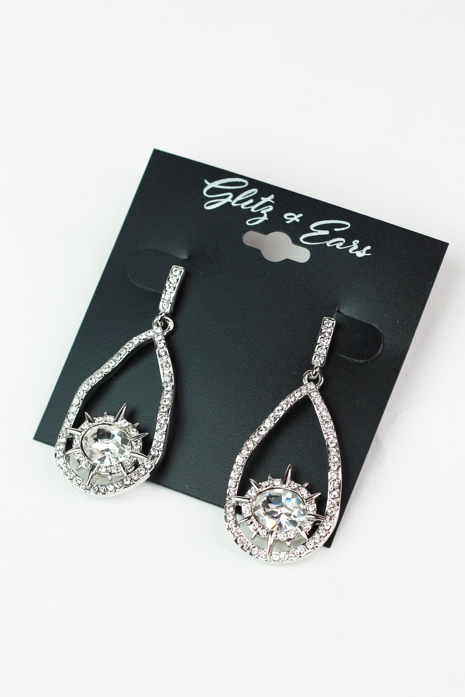 Rhinestone Open Teardrop & Inner Oval Burst Earrings