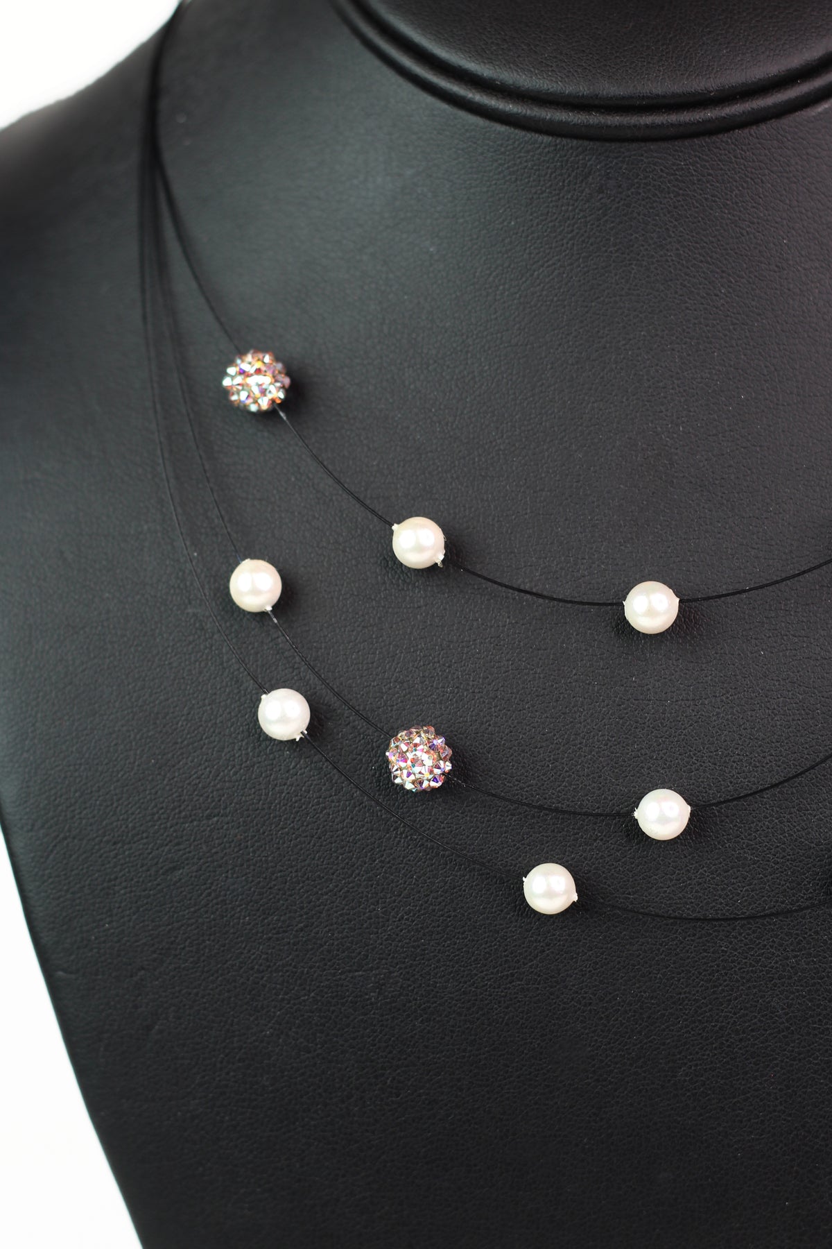 3 Strand Wire Necklace w/ Spaced Pearls & Shambala Beads