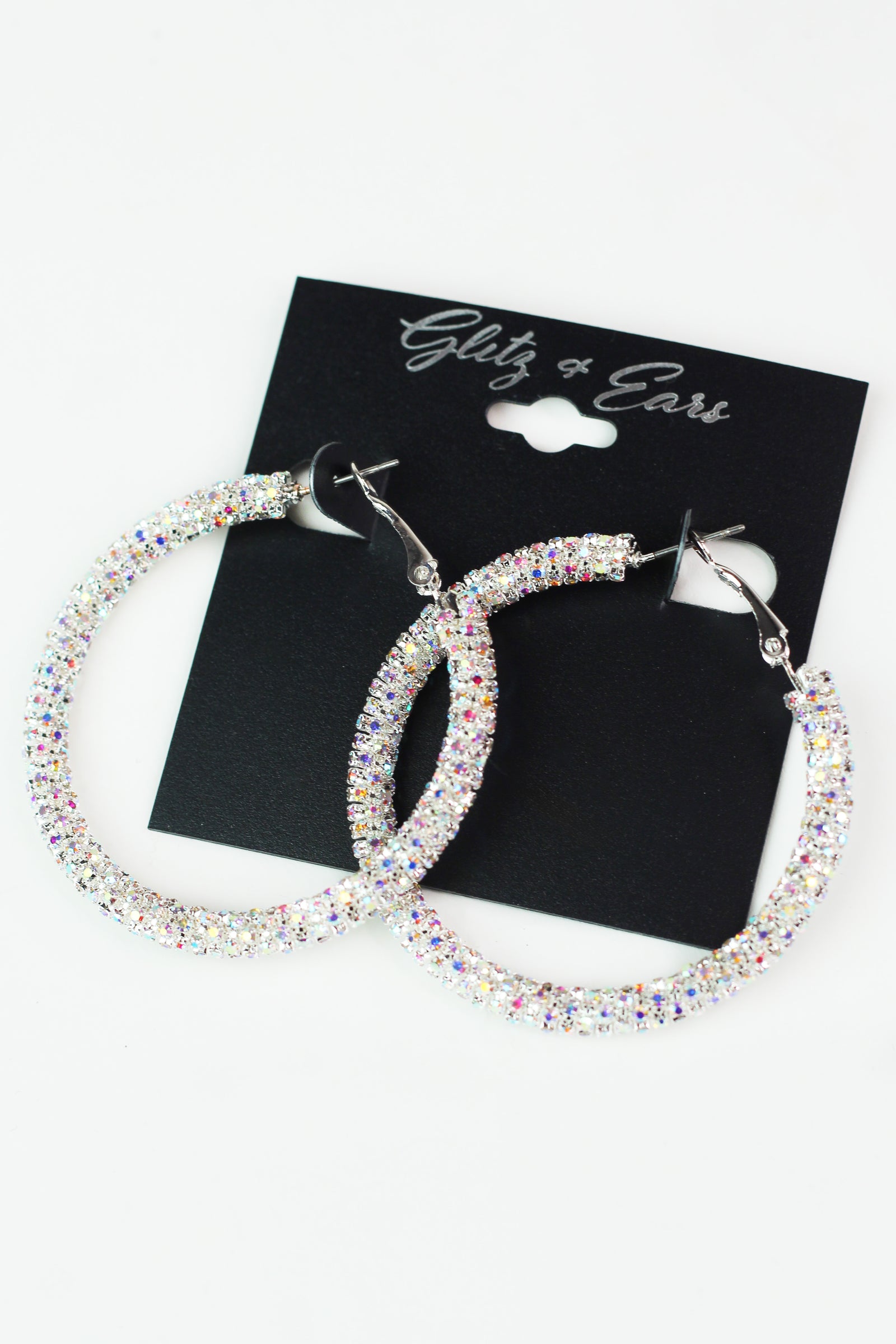 Lg Thick All Rhinestone Lever Back Hoop Earrings