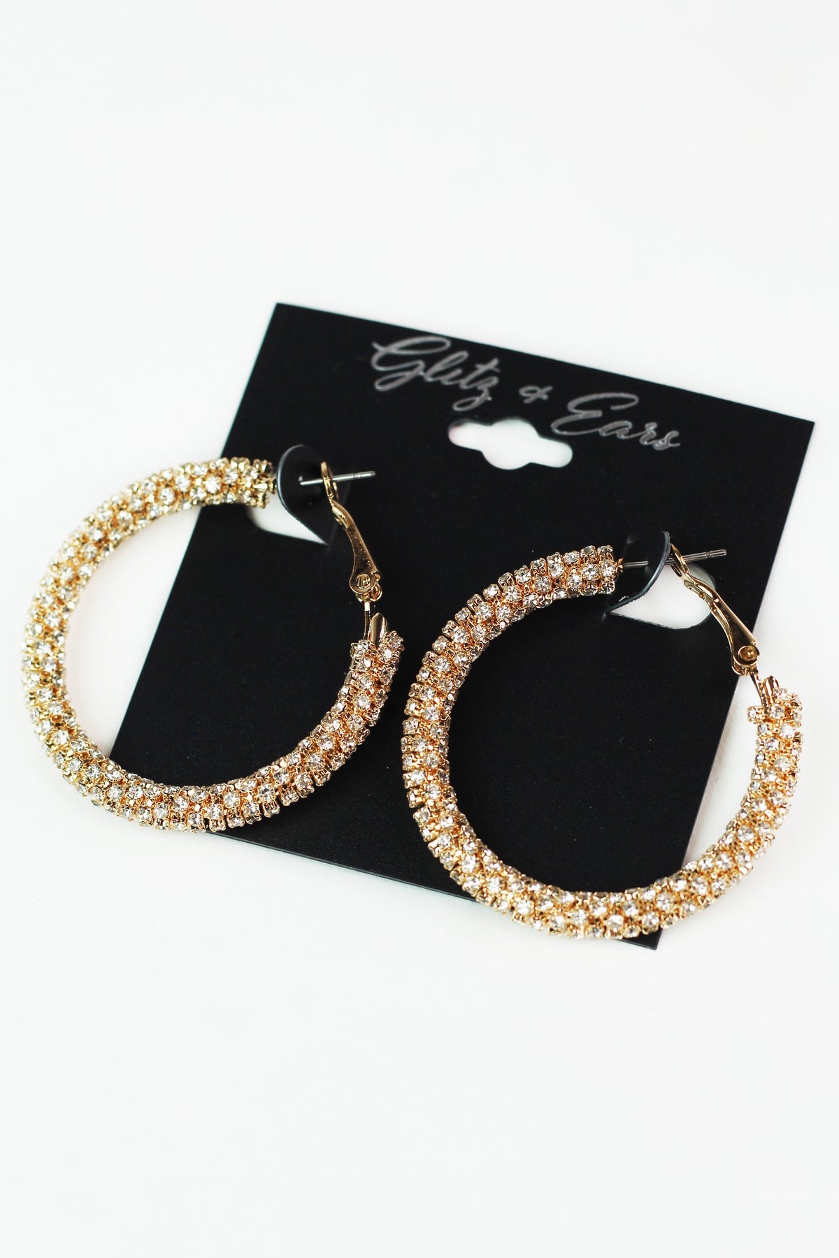 Med Thick All Rhinestone Lever Back Hoop Earrings