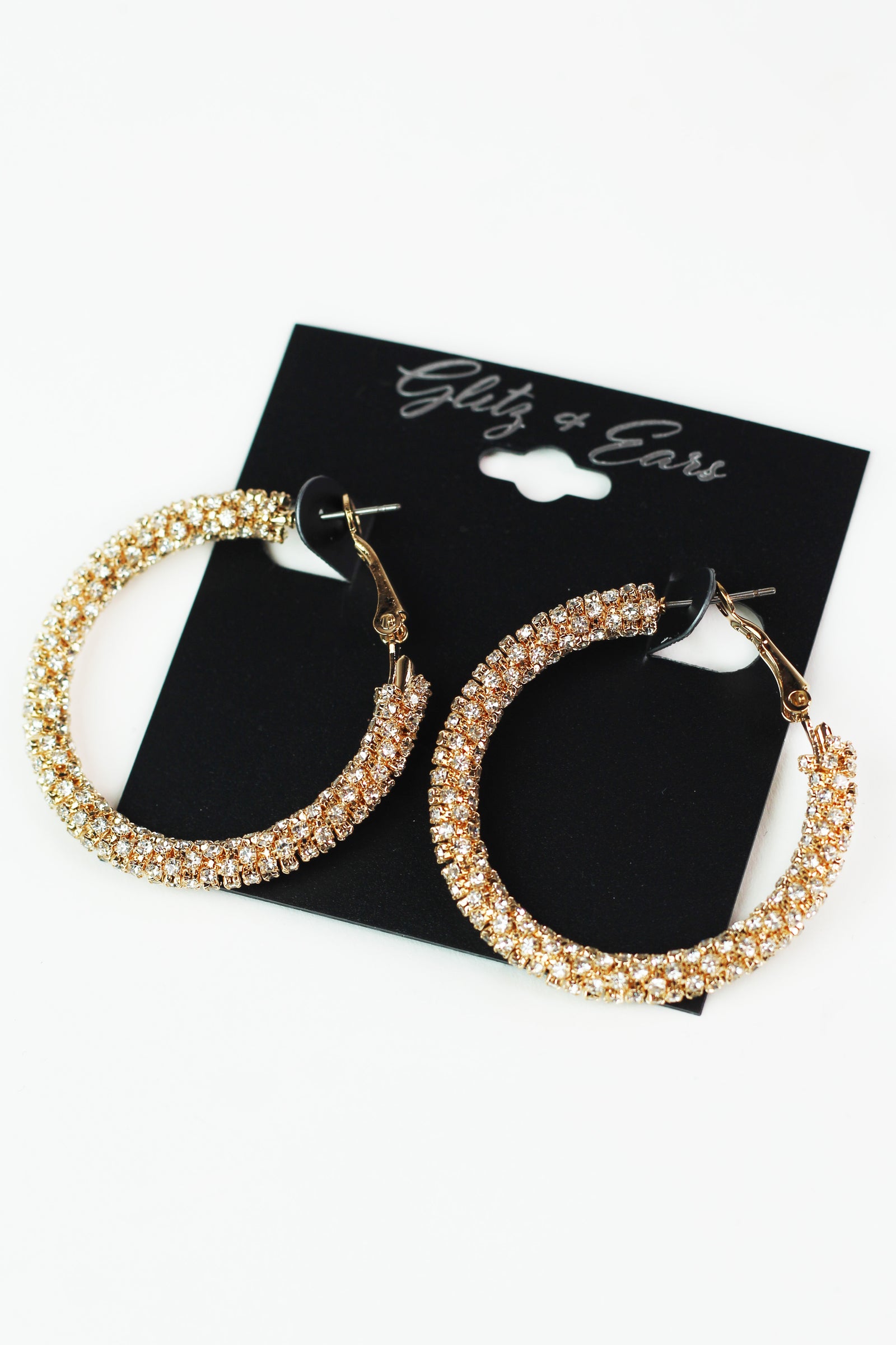 Med Thick All Rhinestone Lever Back Hoop Earrings